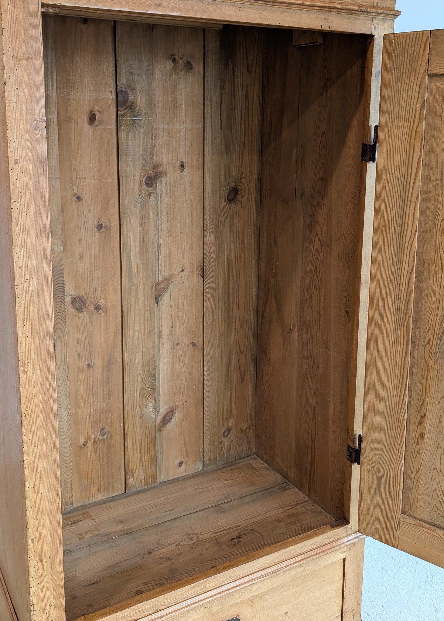 Antique Danish Pine Cabinet with Bottom Drawer and Skeleton Key