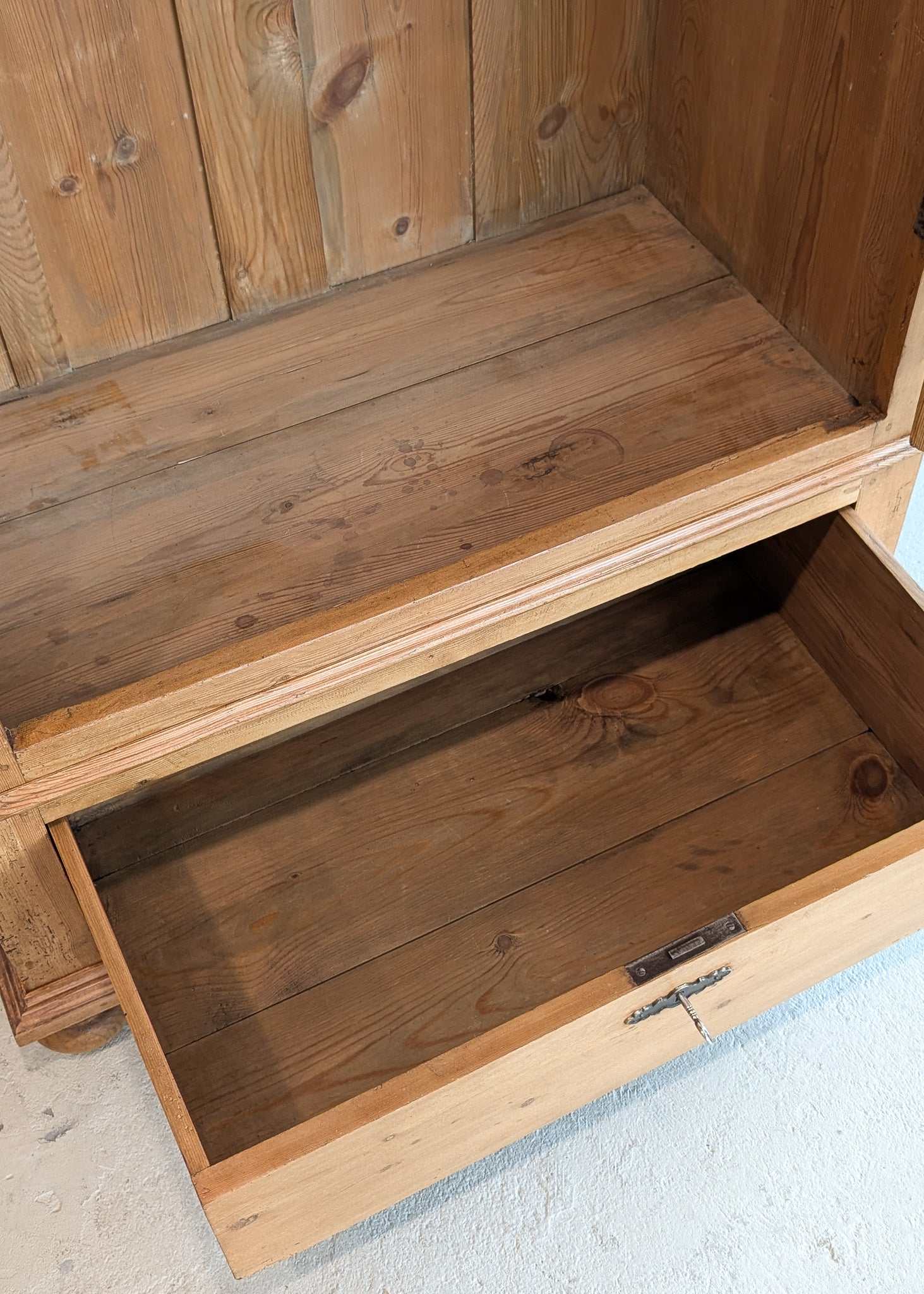 Antique Danish Pine Cabinet with Bottom Drawer and Skeleton Key