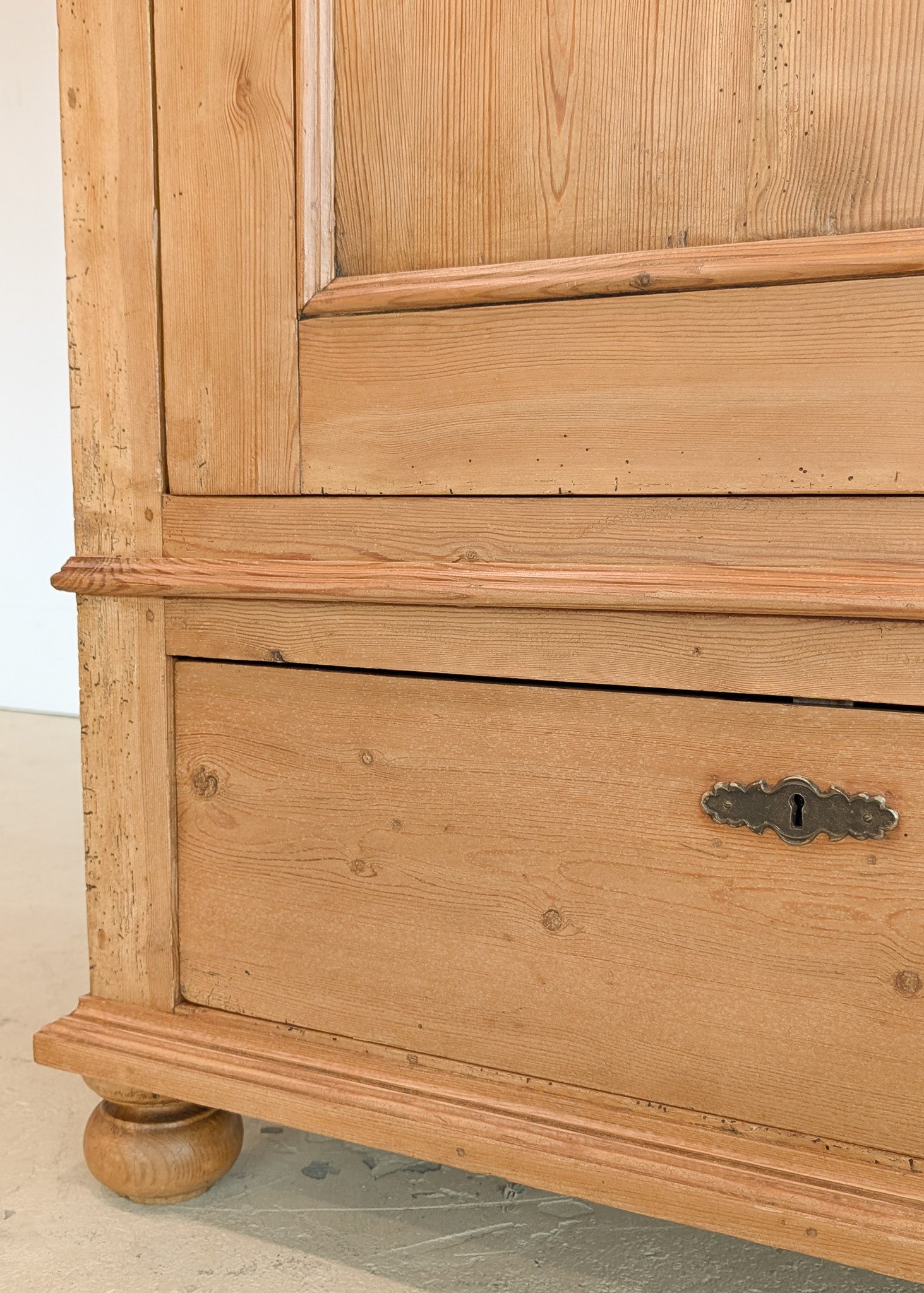 Antique Danish Pine Cabinet with Bottom Drawer and Skeleton Key