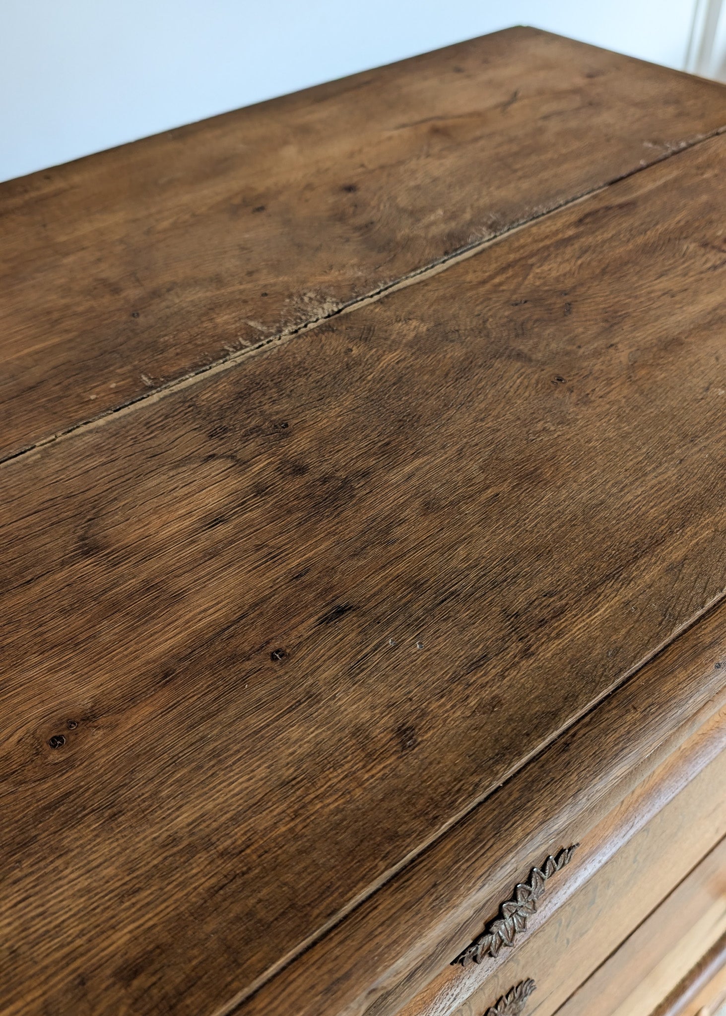 Large Antique Danish Quartersawn White Oak Five-Drawer Dresser with Hidden Handwritten Notes on Drawer Underside