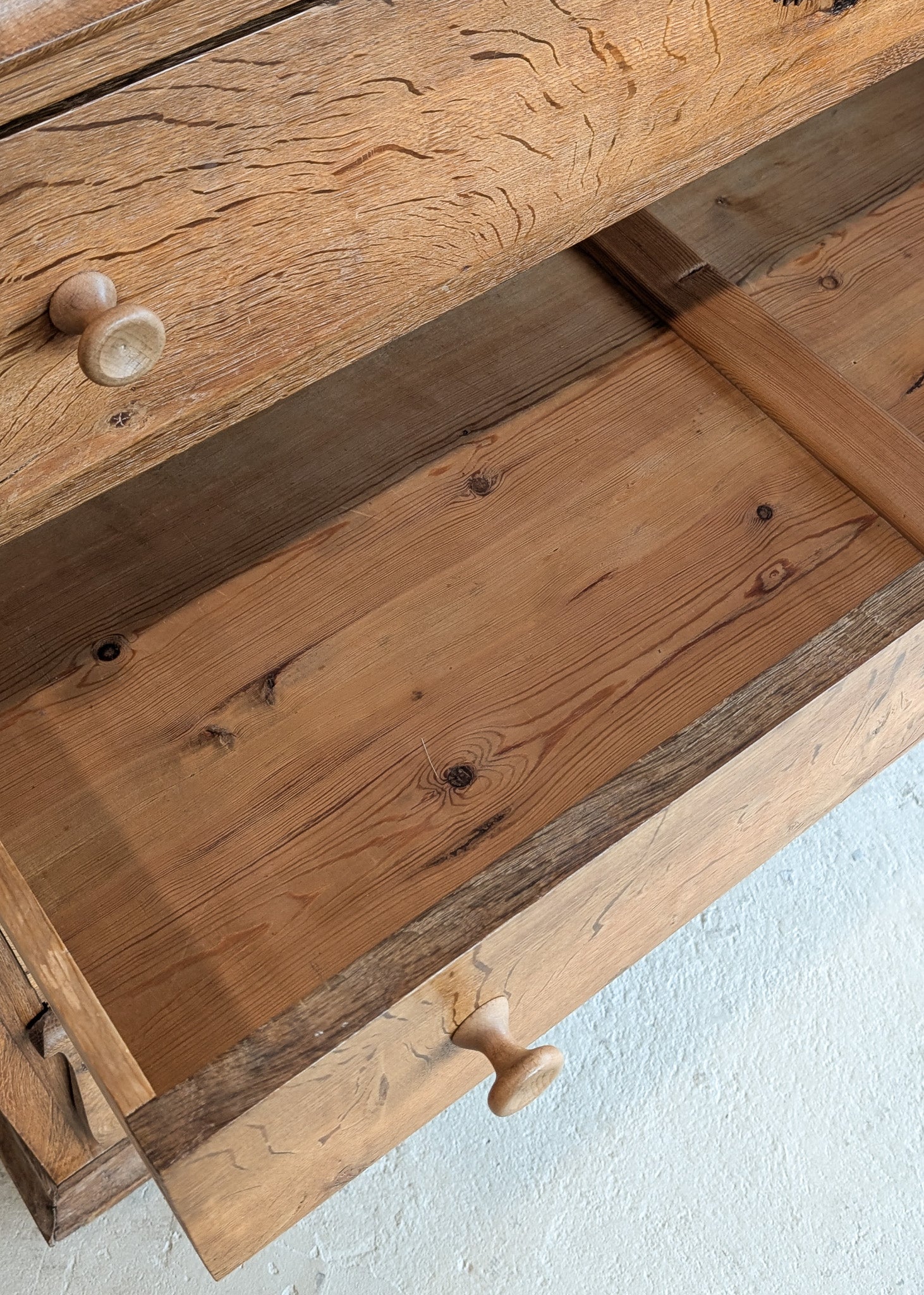 Large Antique Danish Quartersawn White Oak Five-Drawer Dresser with Hidden Handwritten Notes on Drawer Underside