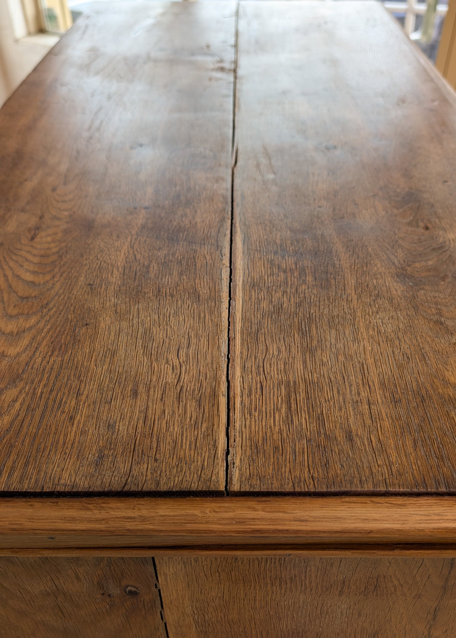 Large Antique Danish Quartersawn White Oak Five-Drawer Dresser with Hidden Handwritten Notes on Drawer Underside