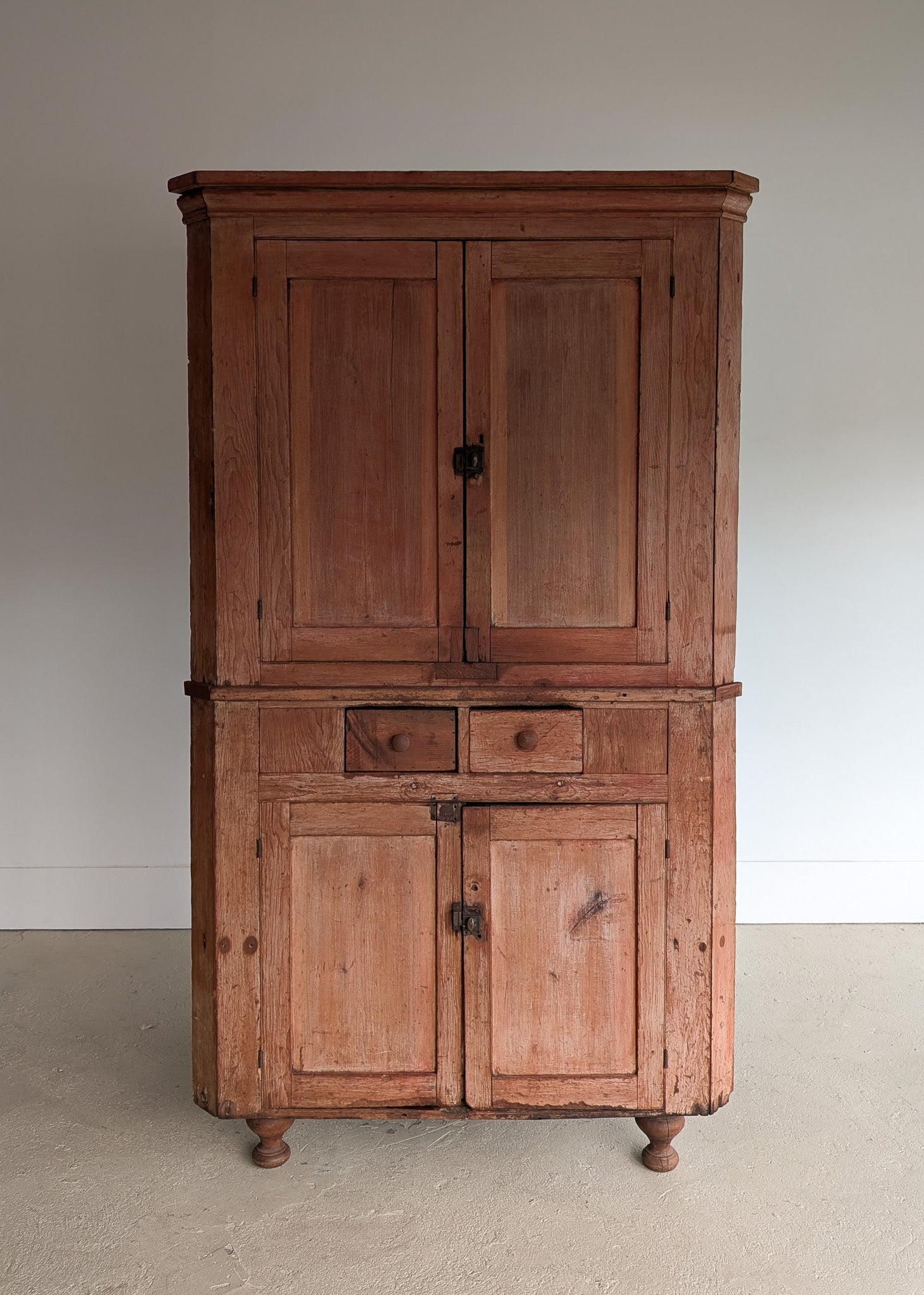Antique 1790s Late 18th Century Early American Primitive Corner Cupboard with Original Red Milk Paint