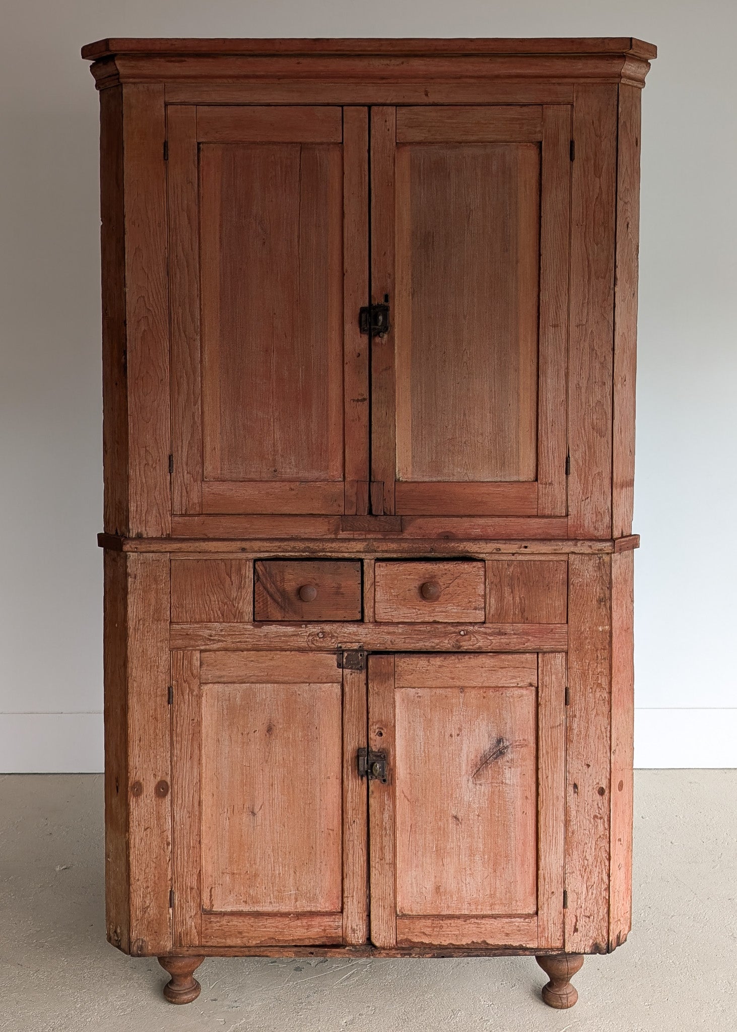 Antique 1790s Late 18th Century Early American Primitive Corner Cupboard with Original Red Milk Paint