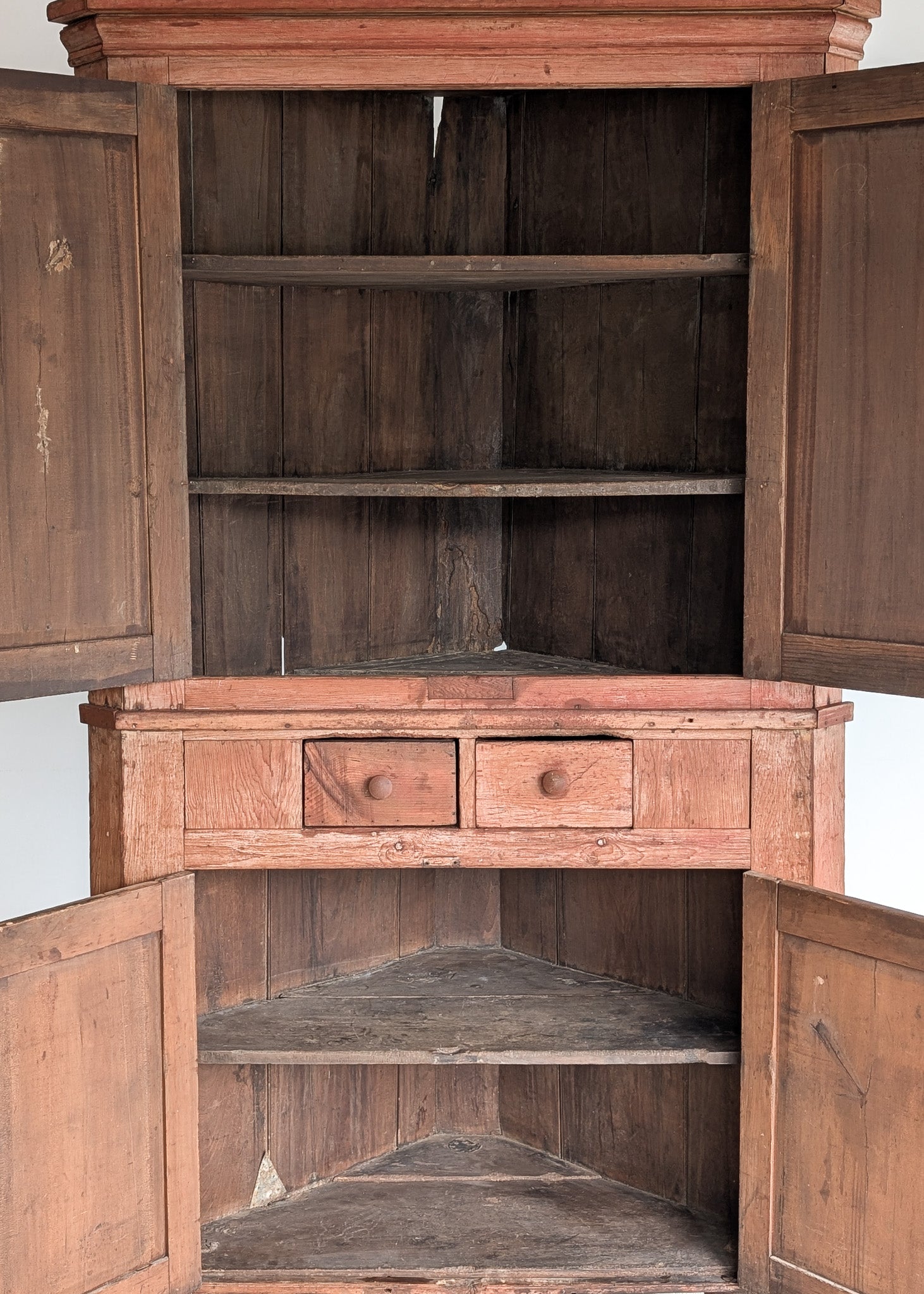 Antique 1790s Late 18th Century Early American Primitive Corner Cupboard with Original Red Milk Paint