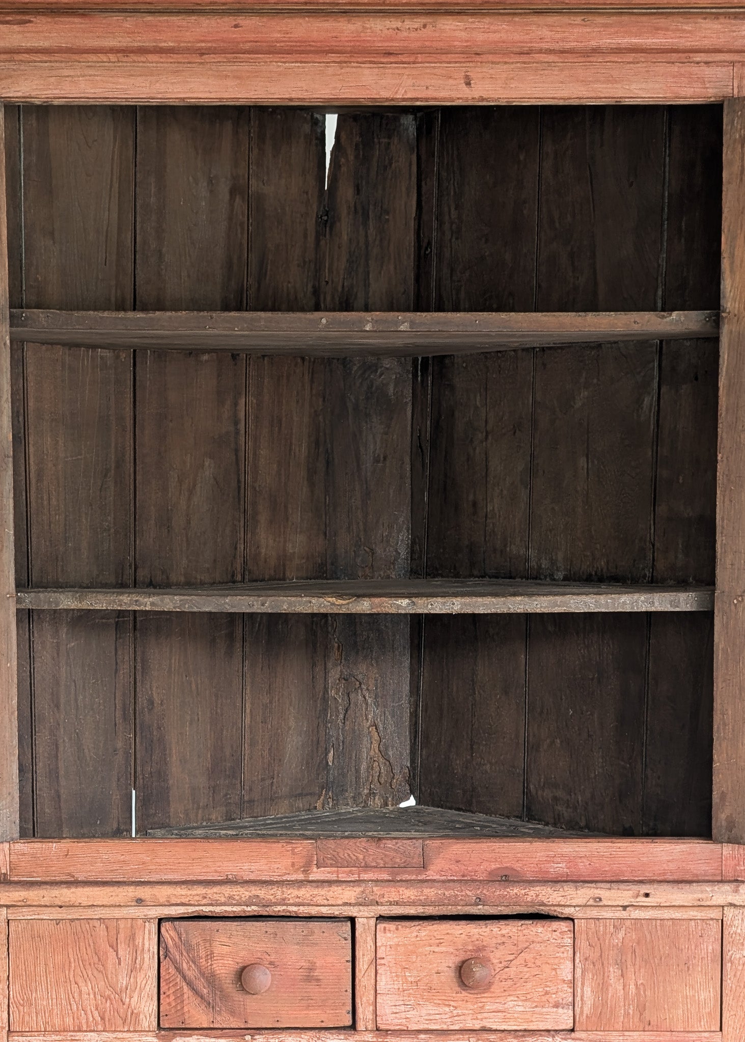 Antique 1790s Late 18th Century Early American Primitive Corner Cupboard with Original Red Milk Paint