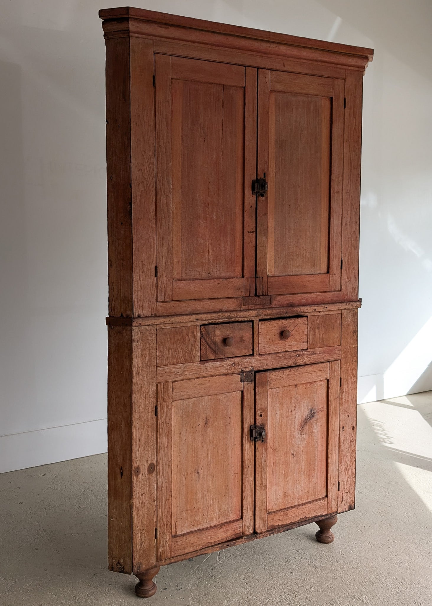 Antique 1790s Late 18th Century Early American Primitive Corner Cupboard with Original Red Milk Paint