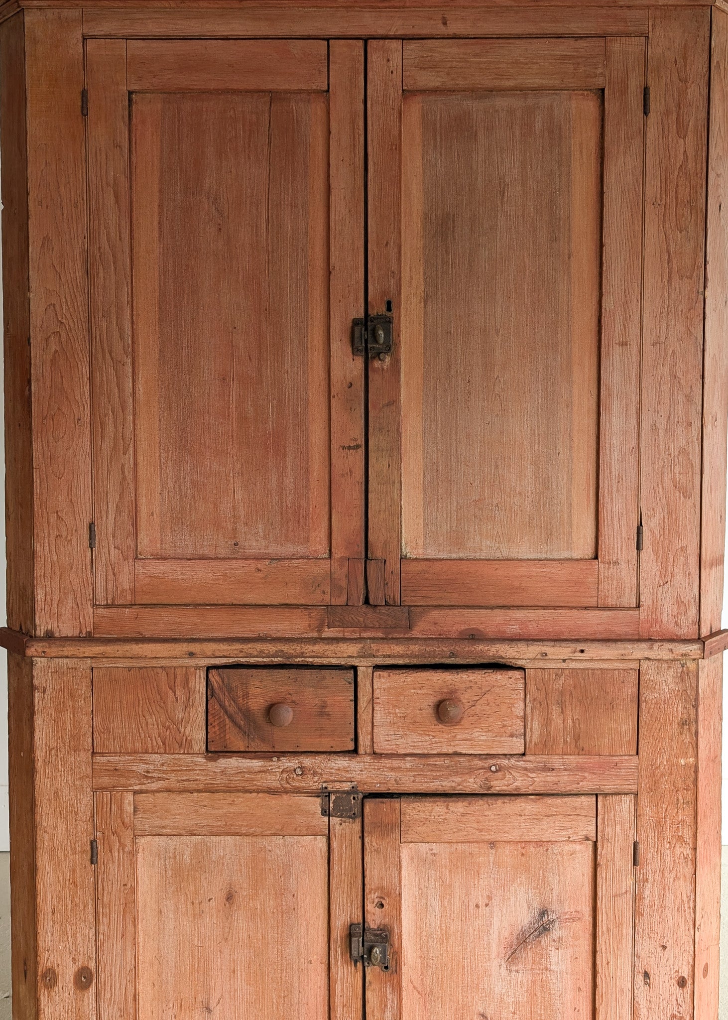Antique 1790s Late 18th Century Early American Primitive Corner Cupboard with Original Red Milk Paint
