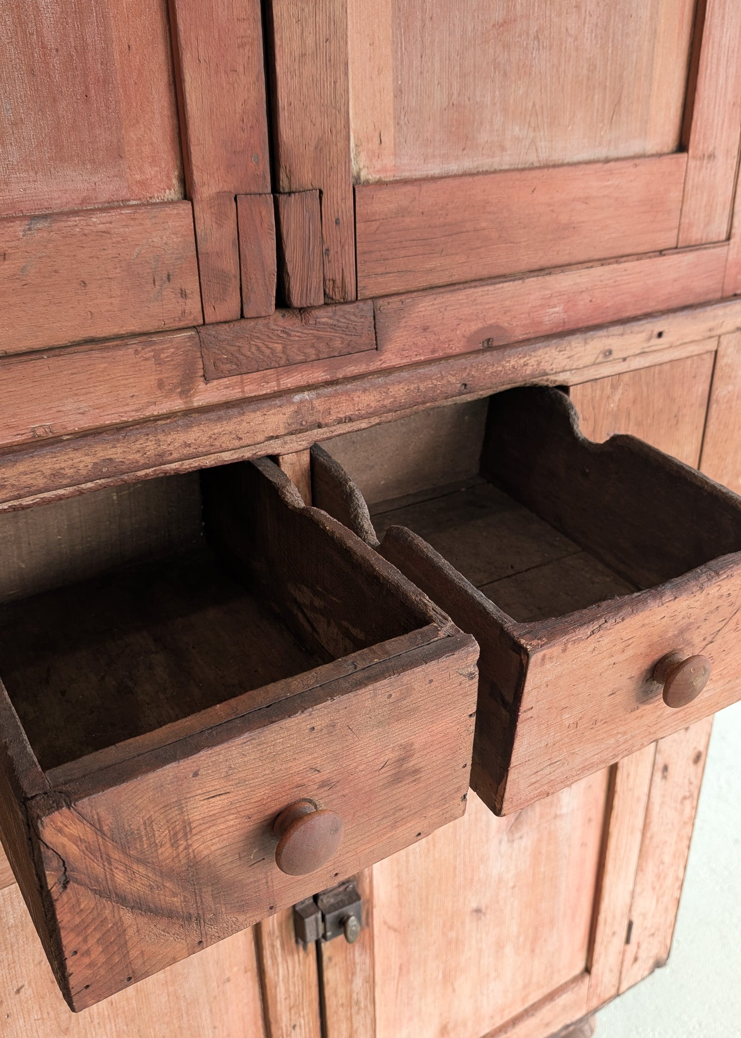 Antique 1790s Late 18th Century Early American Primitive Corner Cupboard with Original Red Milk Paint