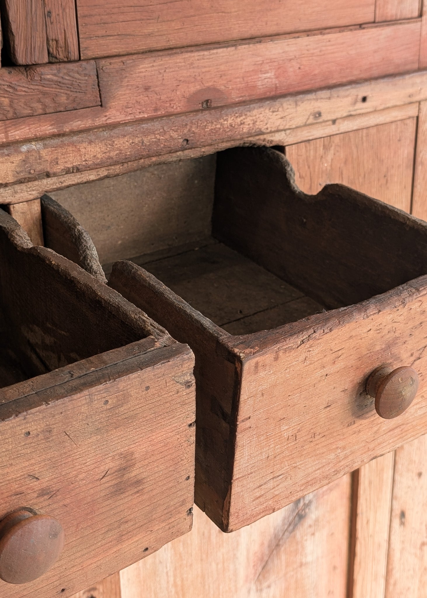 Antique 1790s Late 18th Century Early American Primitive Corner Cupboard with Original Red Milk Paint