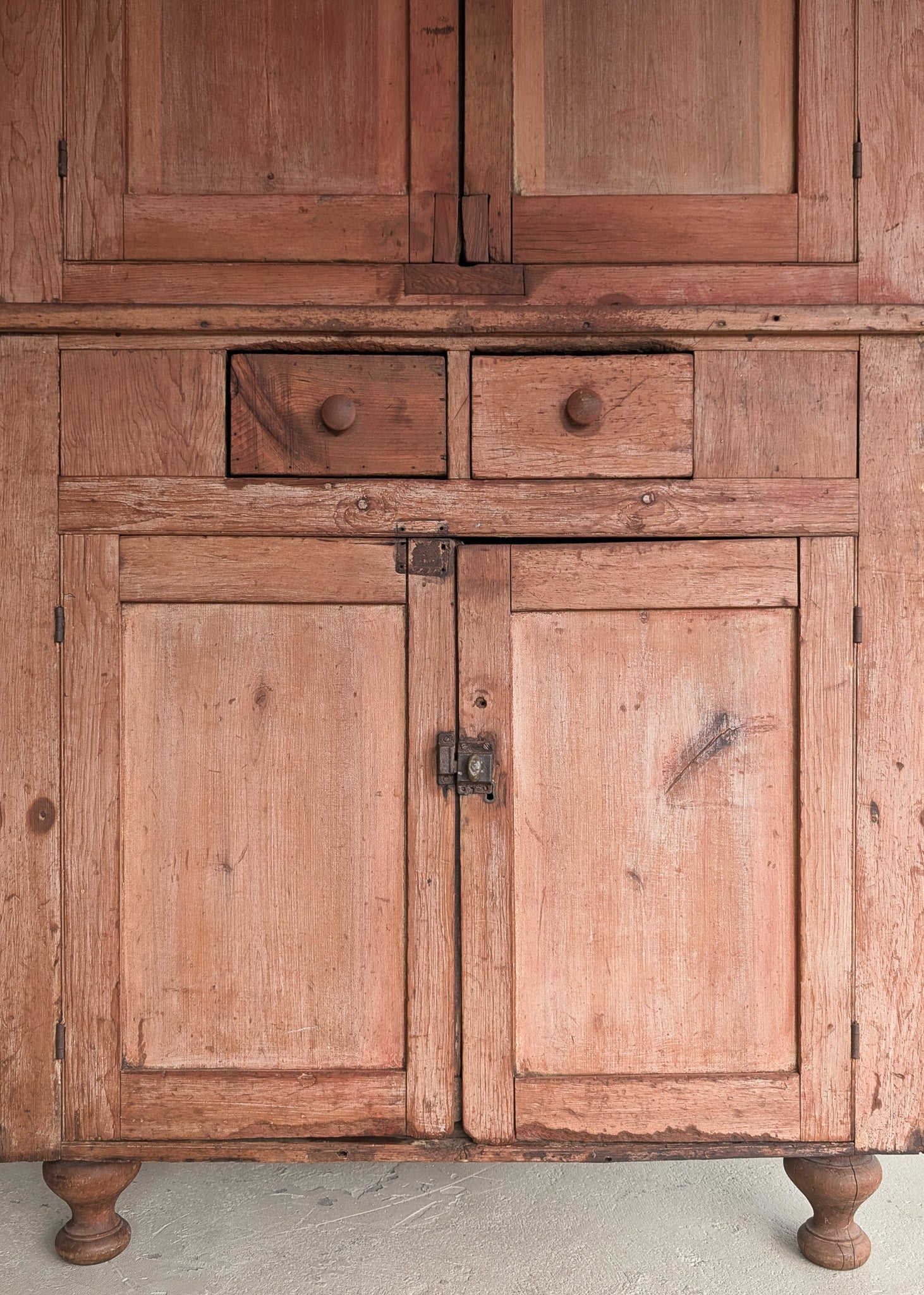Antique 1790s Late 18th Century Early American Primitive Corner Cupboard with Original Red Milk Paint