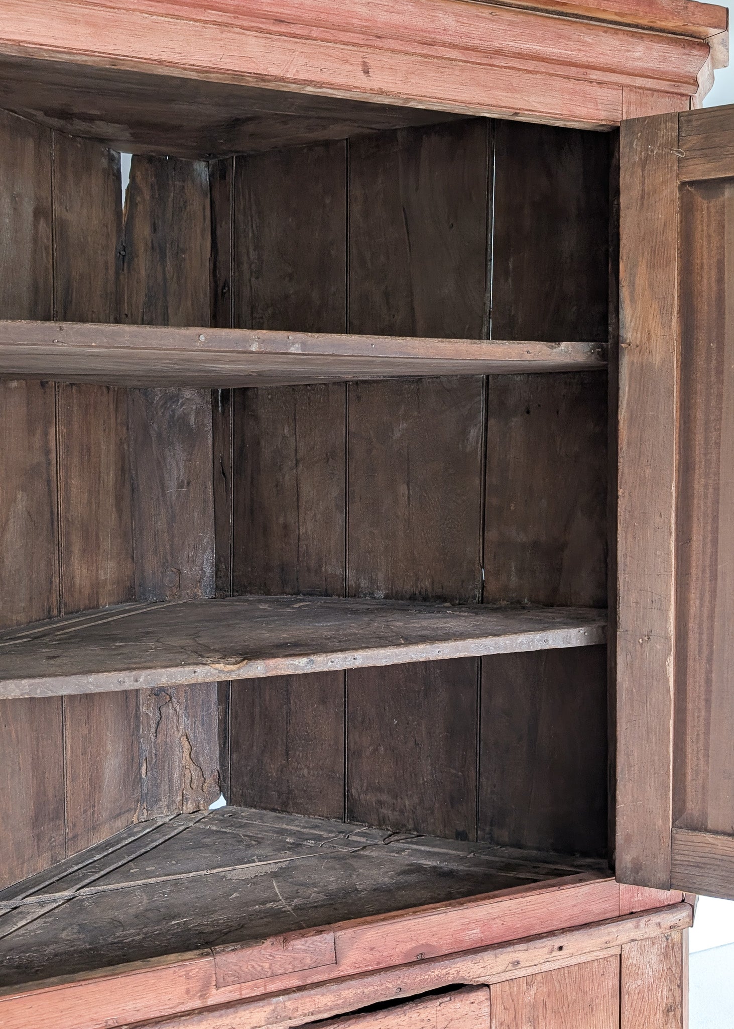 Antique 1790s Late 18th Century Early American Primitive Corner Cupboard with Original Red Milk Paint