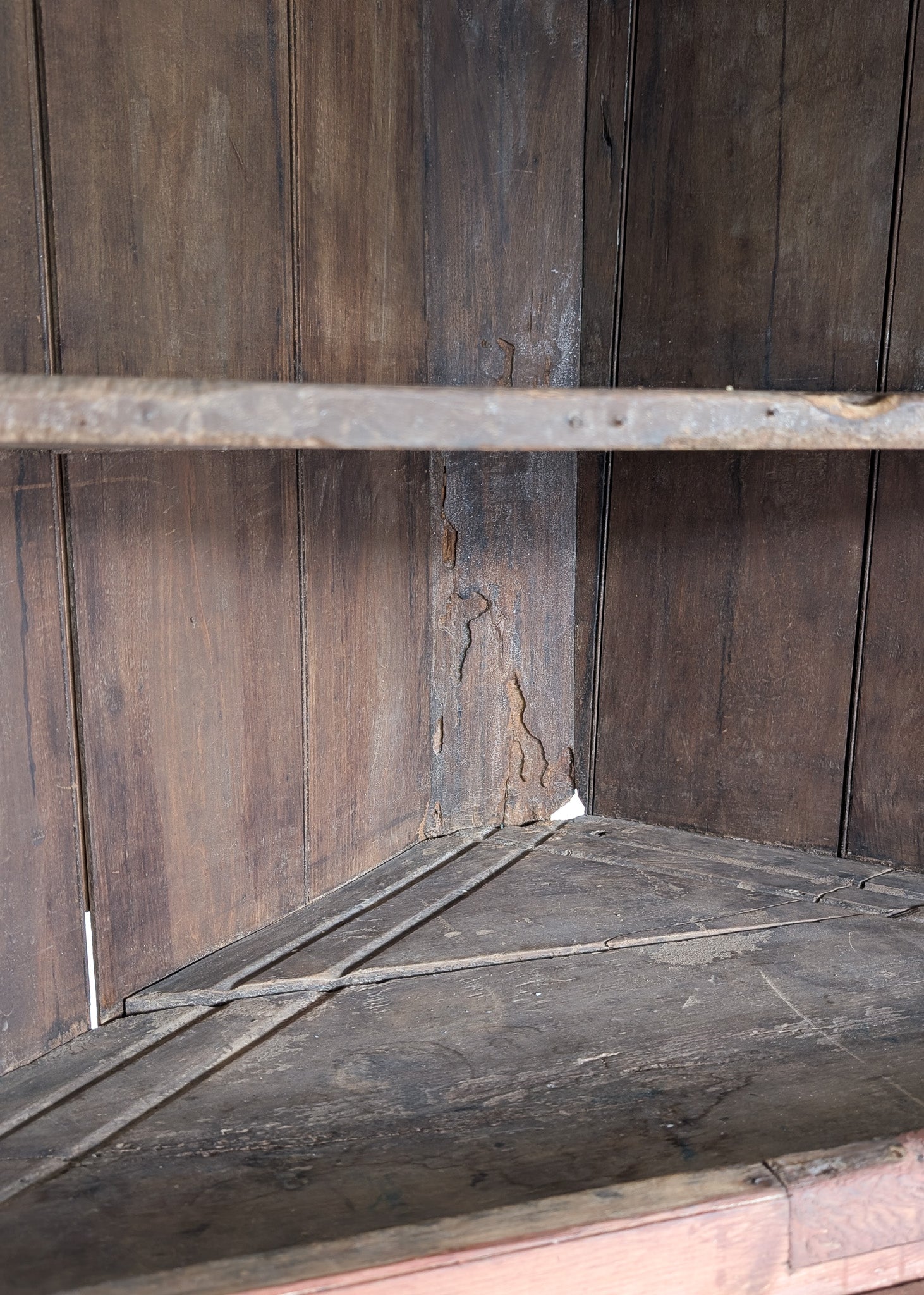 Antique 1790s Late 18th Century Early American Primitive Corner Cupboard with Original Red Milk Paint