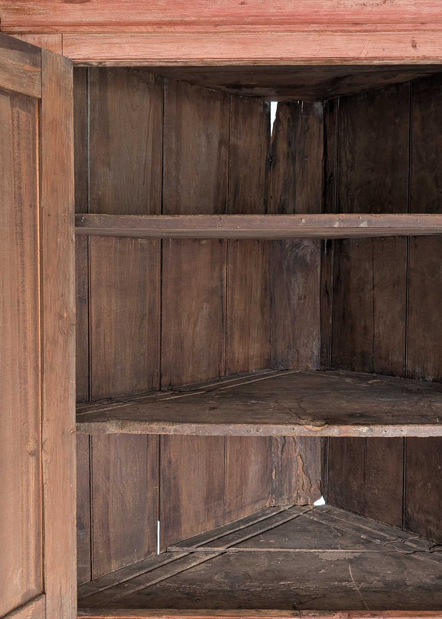 Antique 1790s Late 18th Century Early American Primitive Corner Cupboard with Original Red Milk Paint
