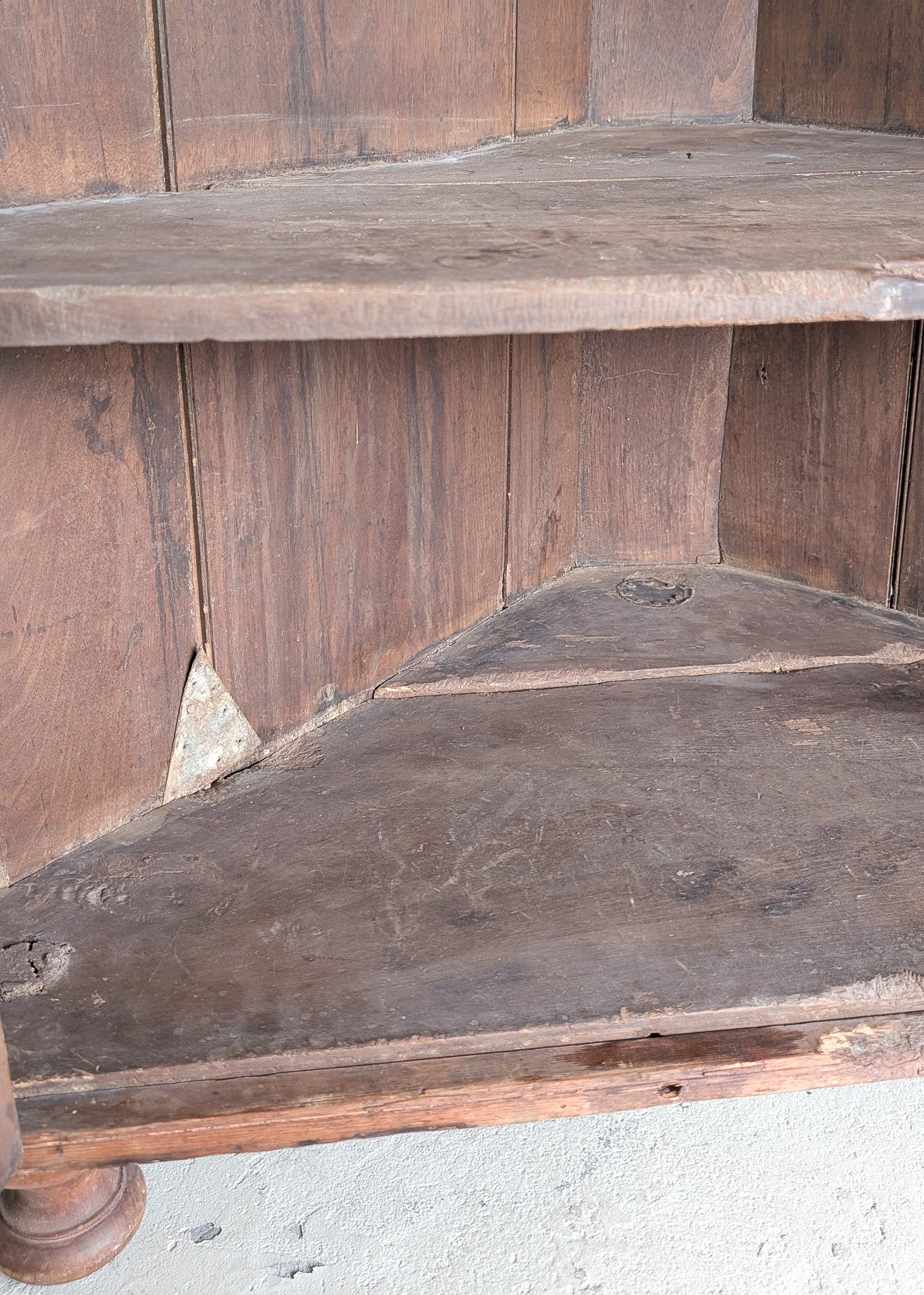 Antique 1790s Late 18th Century Early American Primitive Corner Cupboard with Original Red Milk Paint