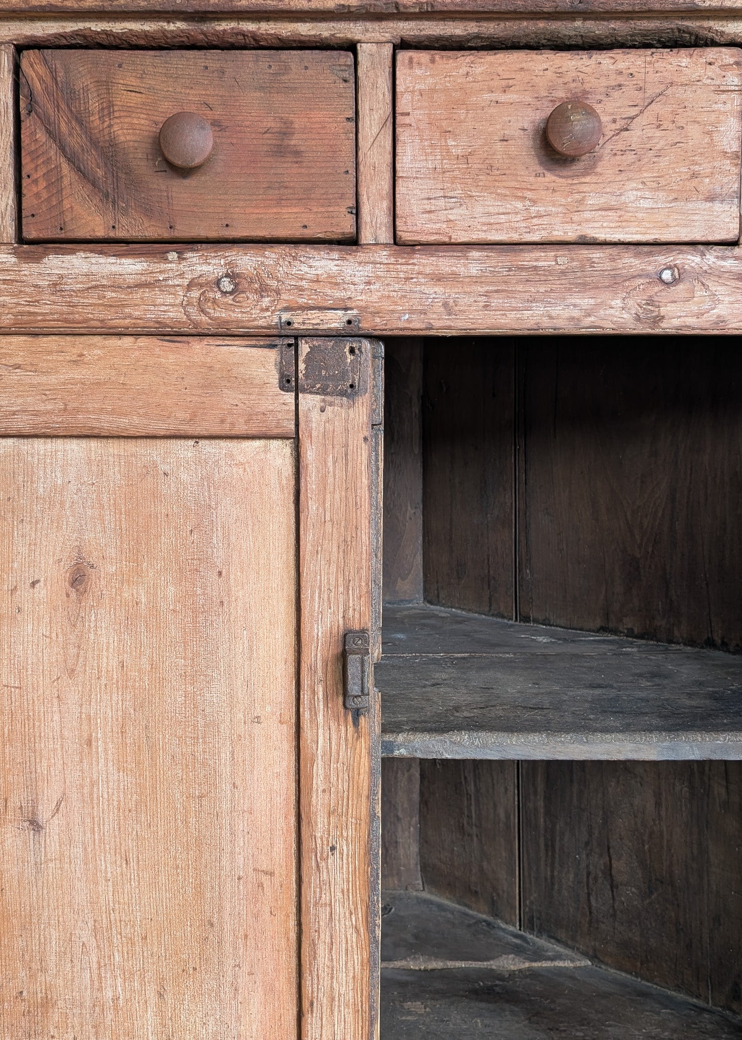 Antique 1790s Late 18th Century Early American Primitive Corner Cupboard with Original Red Milk Paint