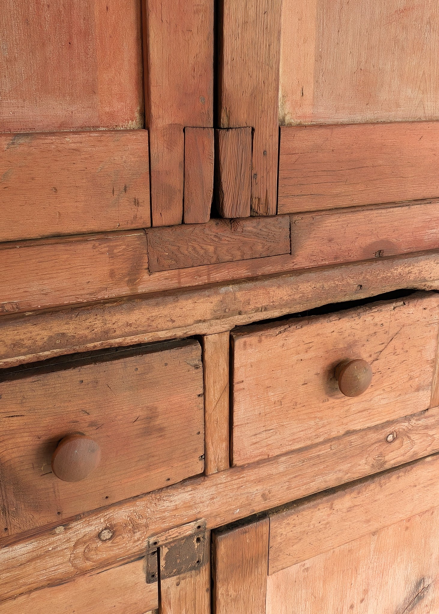 Antique 1790s Late 18th Century Early American Primitive Corner Cupboard with Original Red Milk Paint
