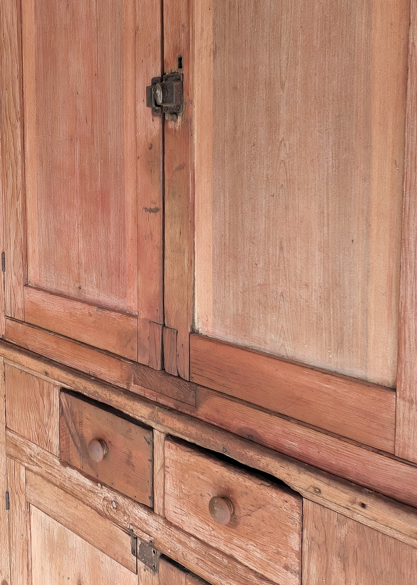 Antique 1790s Late 18th Century Early American Primitive Corner Cupboard with Original Red Milk Paint