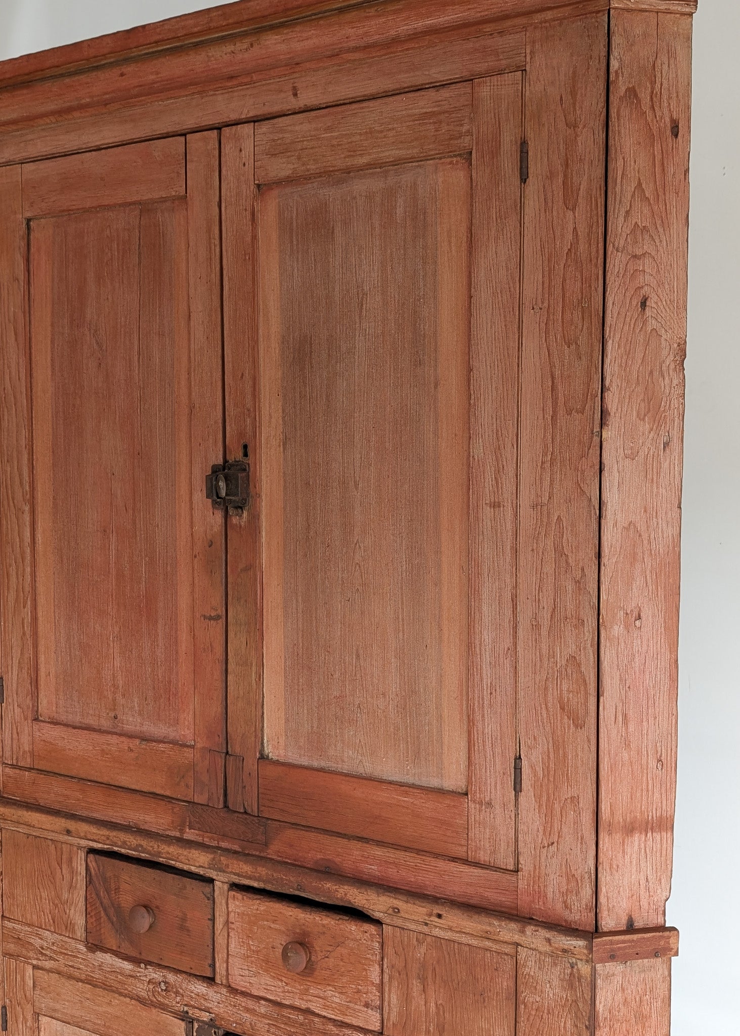Antique 1790s Late 18th Century Early American Primitive Corner Cupboard with Original Red Milk Paint