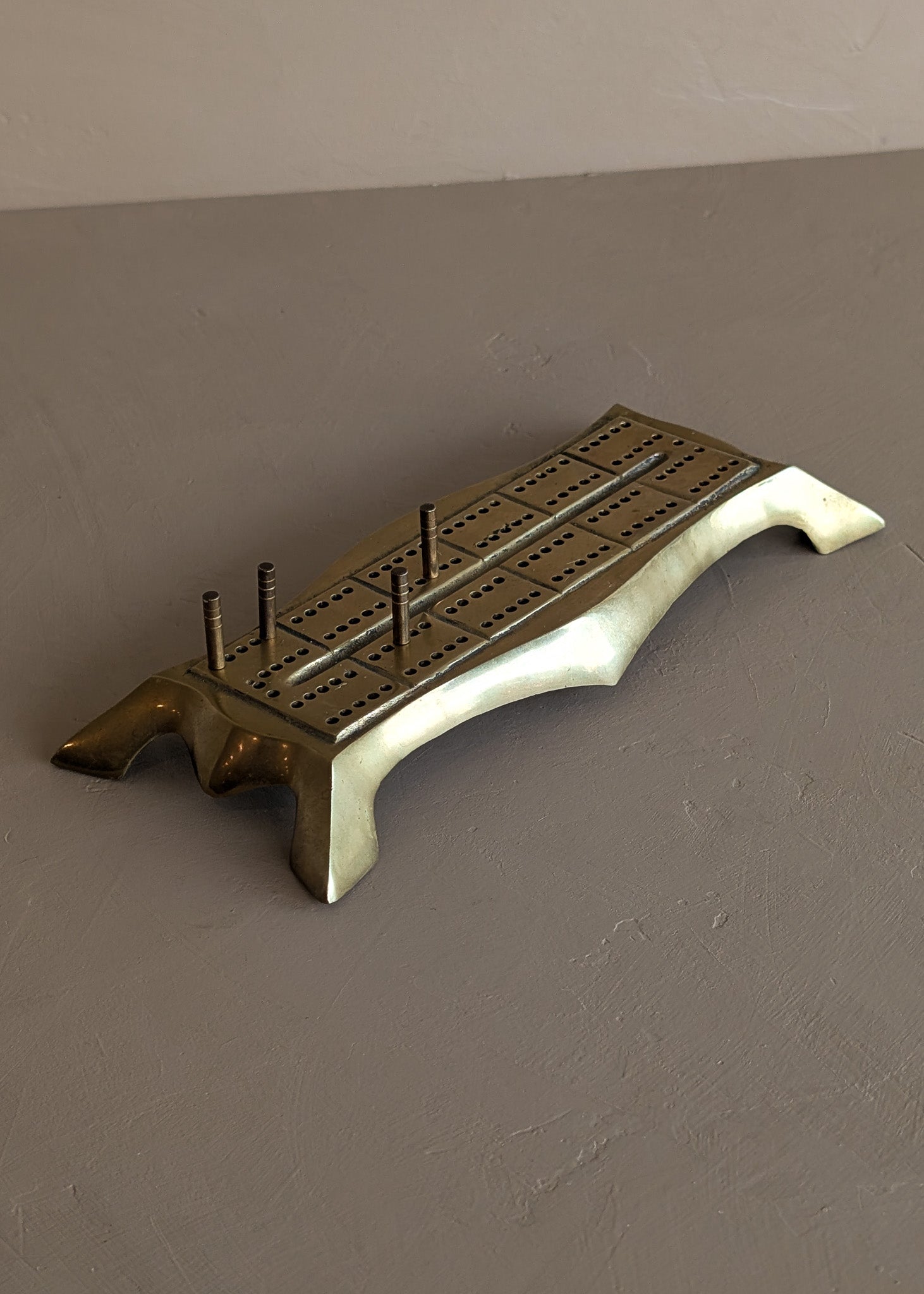 Unique Vintage Brass Cribbage Board with 4 Brass Cribbage Pegs