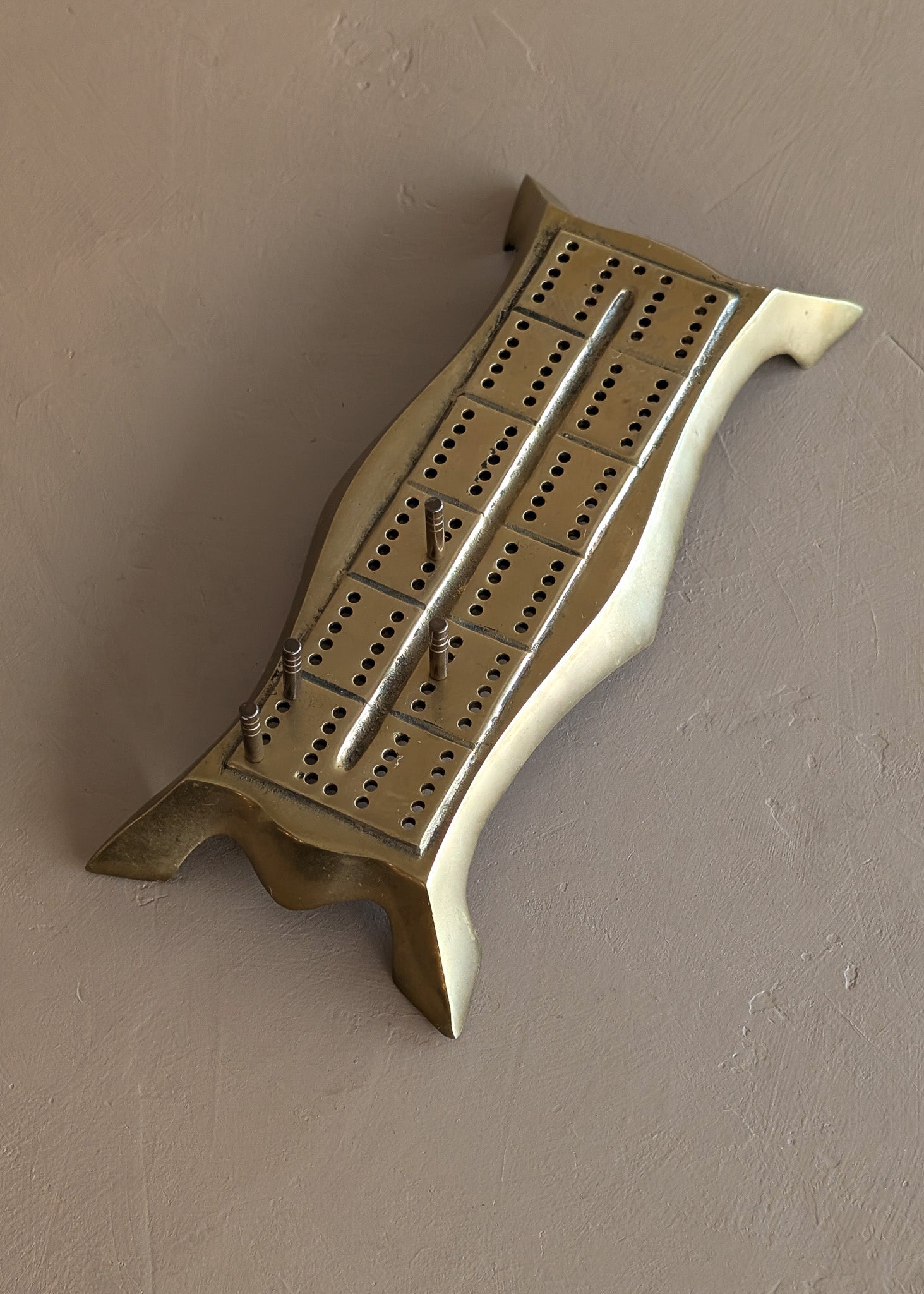 Unique Vintage Brass Cribbage Board with 4 Brass Cribbage Pegs