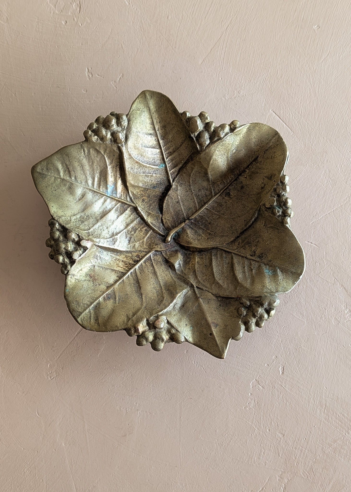 Vintage Midcentury Brass Lemon Leaves Footed Catchall Dish Bowl