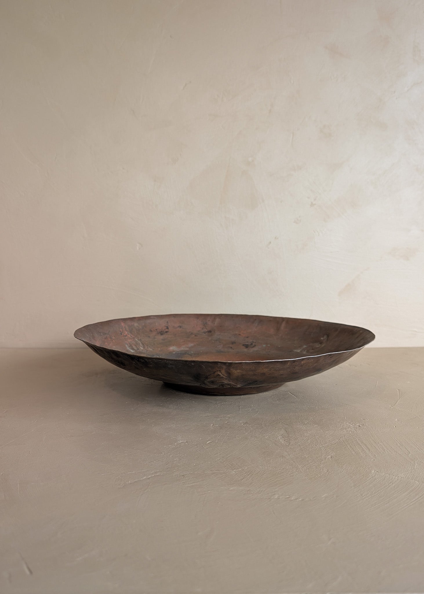 Large Patinated Vintage Handcrafted Hammered Copper Dish Bowl with Triskelion Detailing