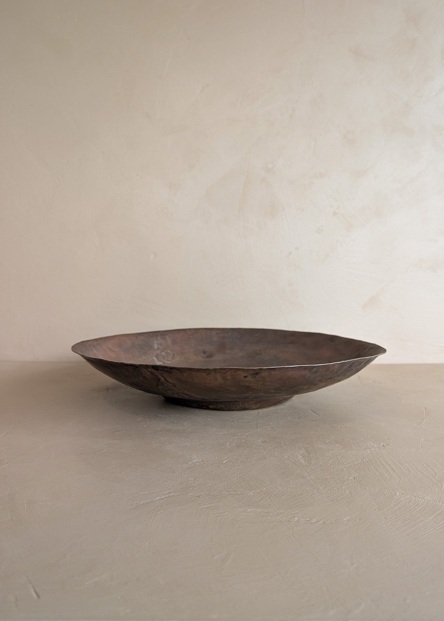 Large Patinated Vintage Handcrafted Hammered Copper Dish Bowl with Triskelion Detailing