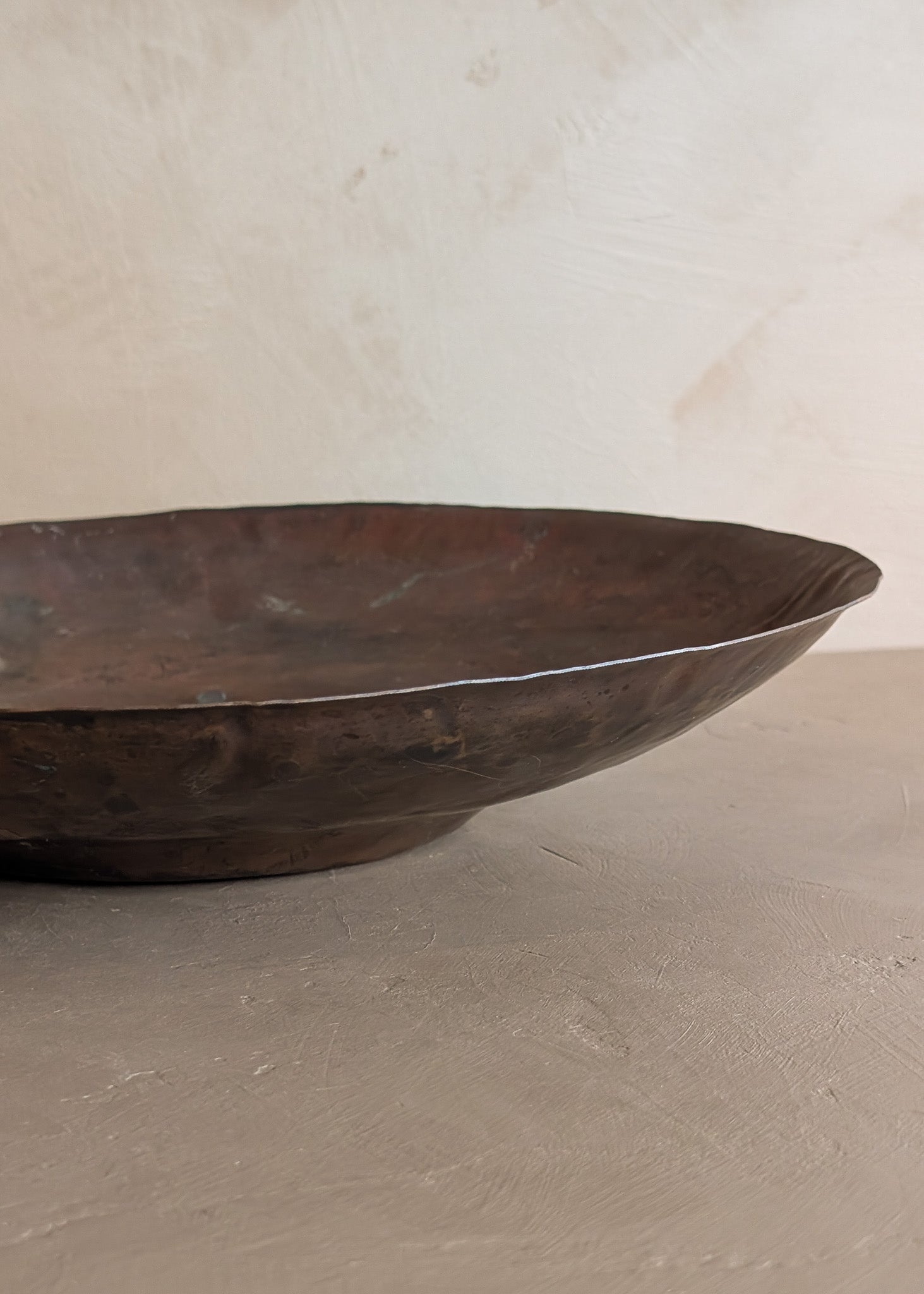 Large Patinated Vintage Handcrafted Hammered Copper Dish Bowl with Triskelion Detailing