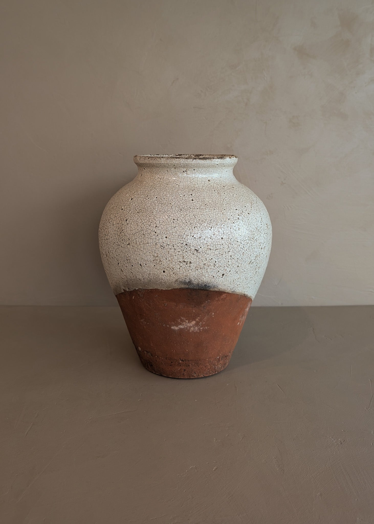 Unique Vintage Handled Terracotta Vessel Jug with Creamy White Crackled Glaze