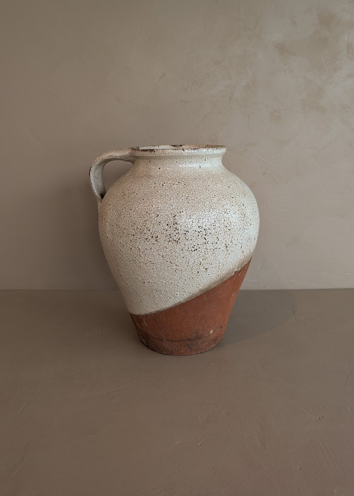 Unique Vintage Handled Terracotta Vessel Jug with Creamy White Crackled Glaze