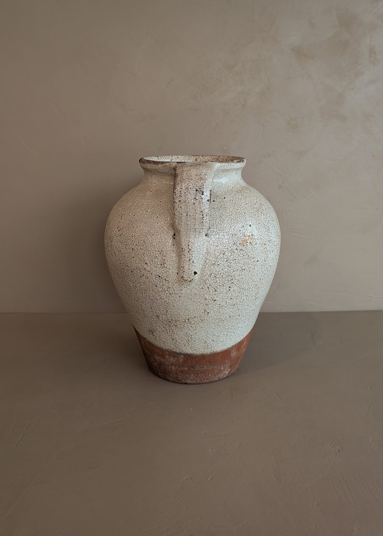 Unique Vintage Handled Terracotta Vessel Jug with Creamy White Crackled Glaze