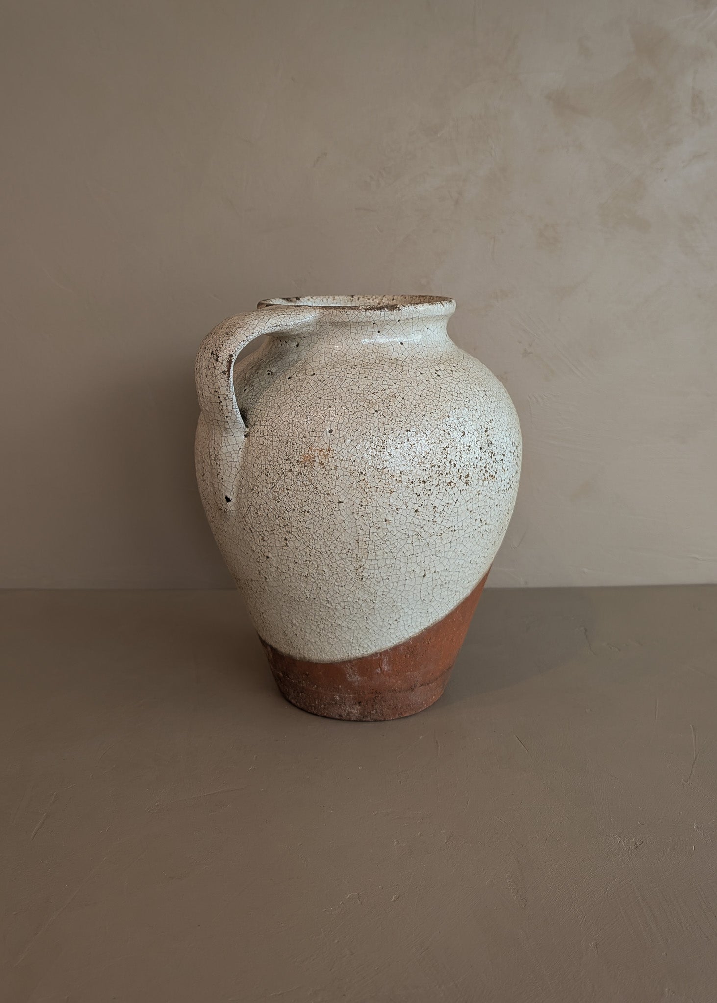 Unique Vintage Handled Terracotta Vessel Jug with Creamy White Crackled Glaze