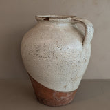 Unique Vintage Handled Terracotta Vessel Jug with Creamy White Crackled Glaze