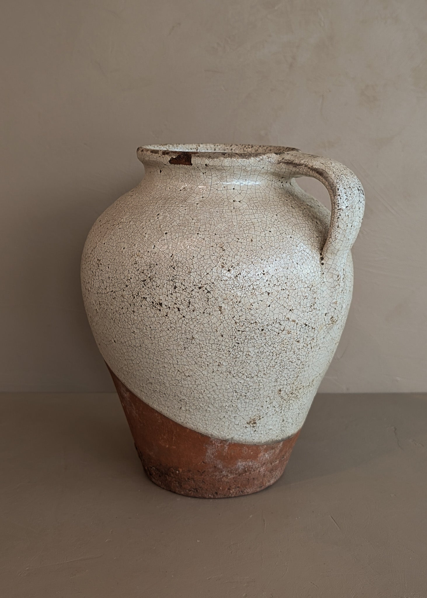 Unique Vintage Handled Terracotta Vessel Jug with Creamy White Crackled Glaze