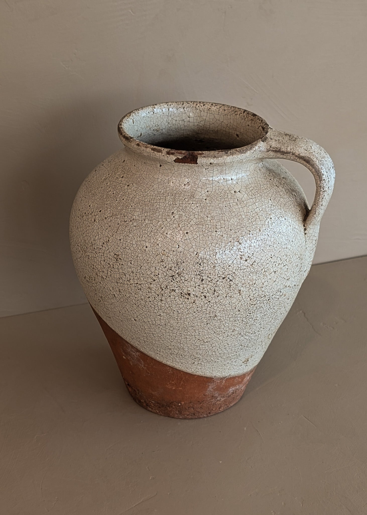 Unique Vintage Handled Terracotta Vessel Jug with Creamy White Crackled Glaze