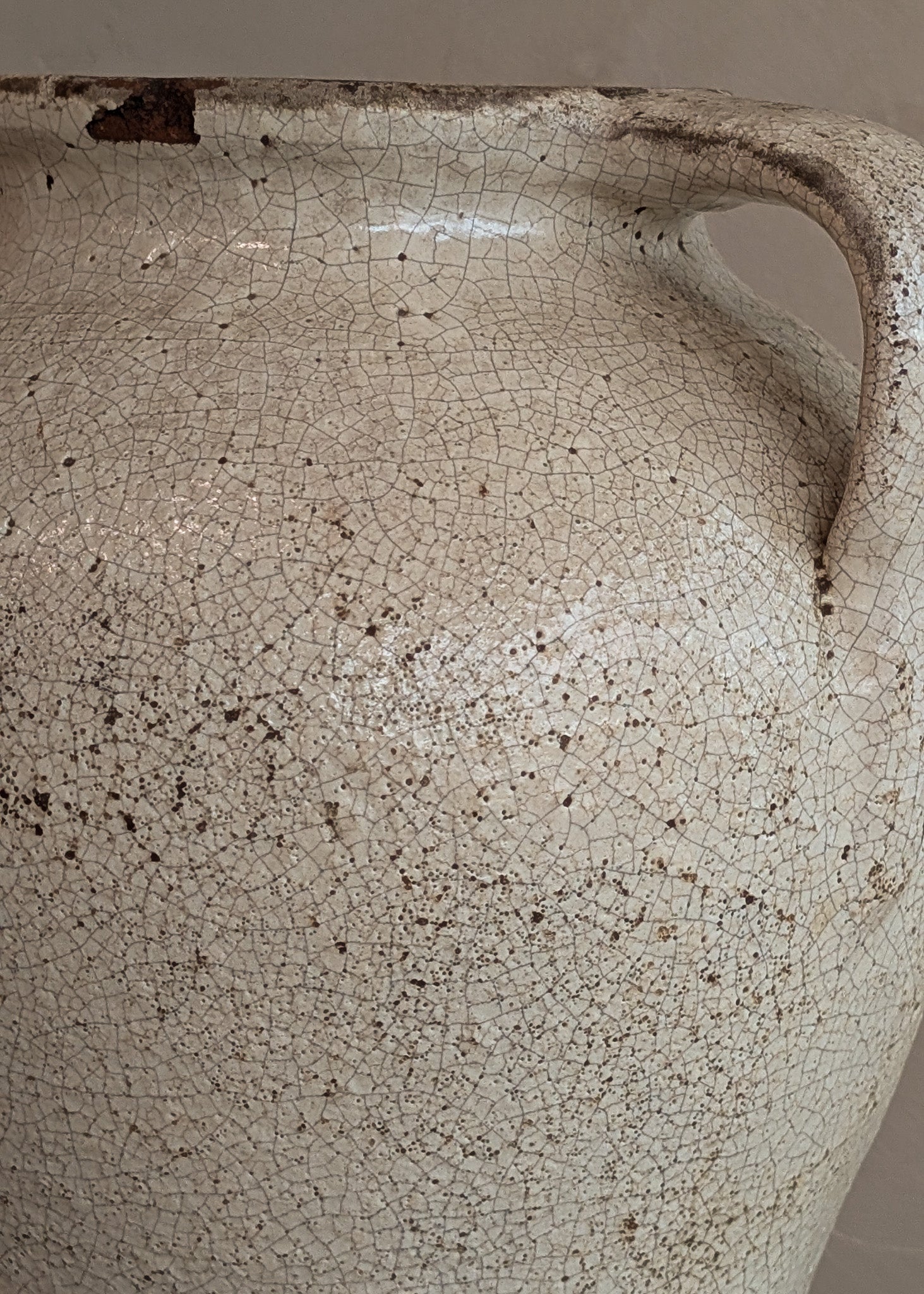 Unique Vintage Handled Terracotta Vessel Jug with Creamy White Crackled Glaze