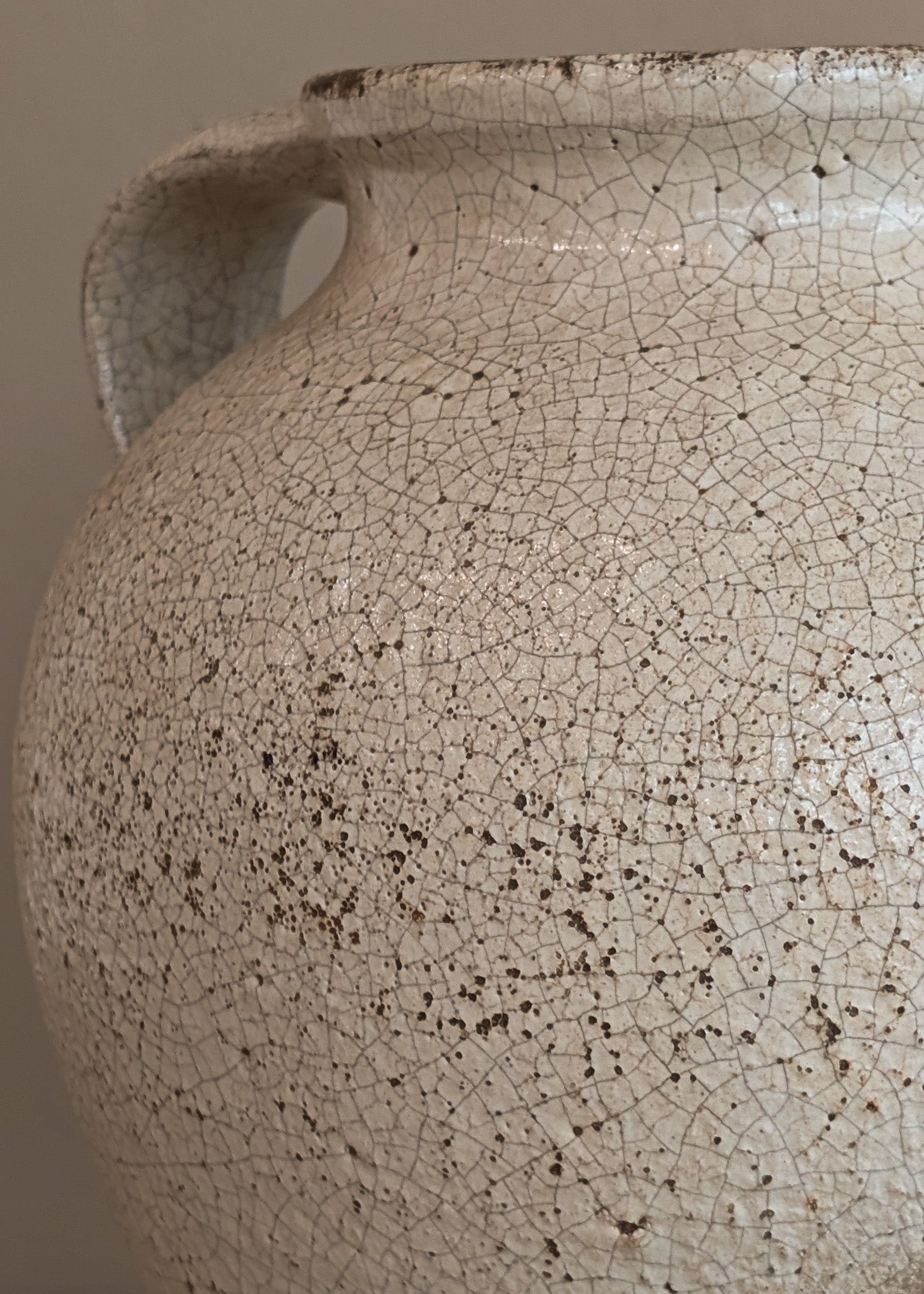 Unique Vintage Handled Terracotta Vessel Jug with Creamy White Crackled Glaze