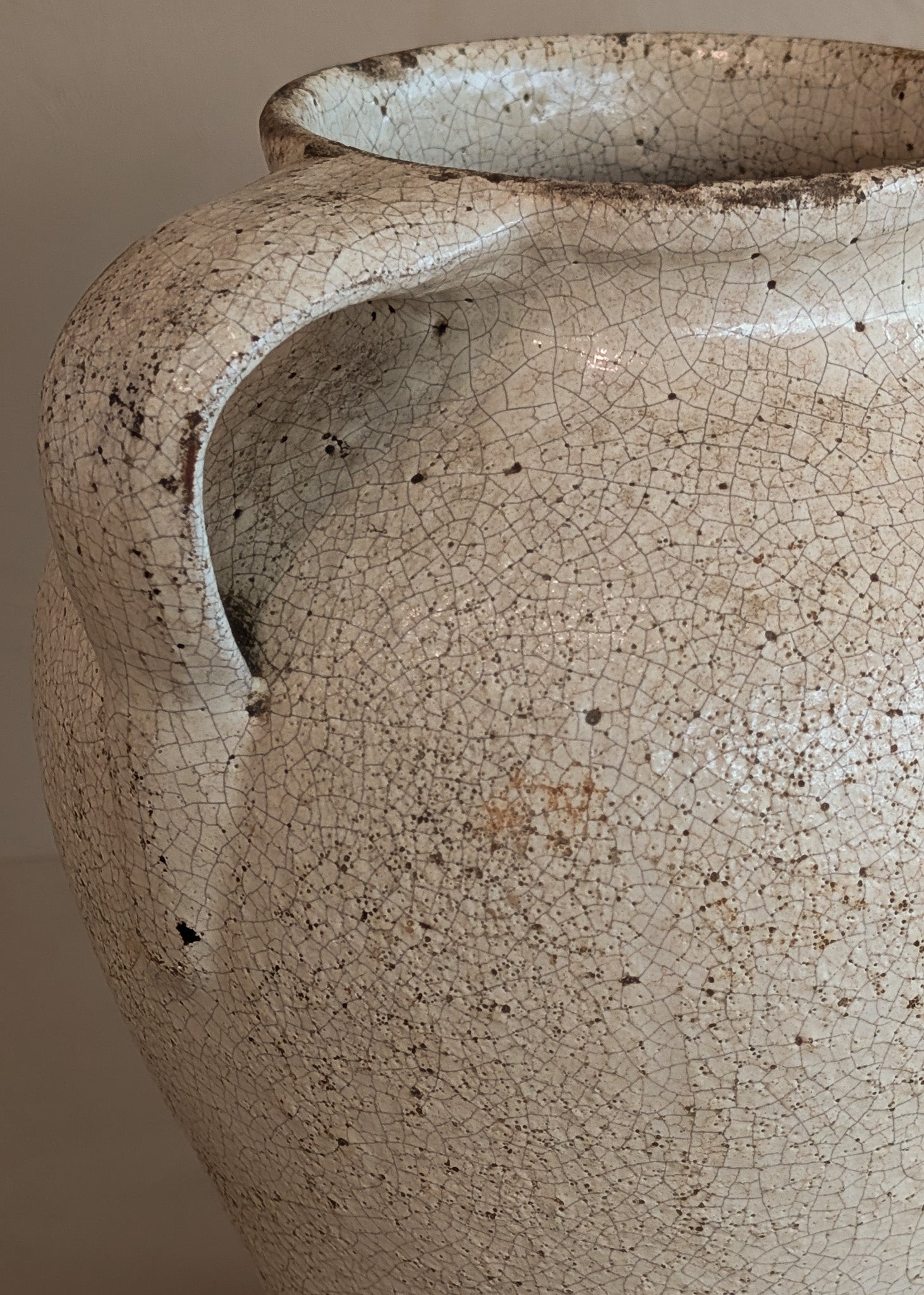 Unique Vintage Handled Terracotta Vessel Jug with Creamy White Crackled Glaze