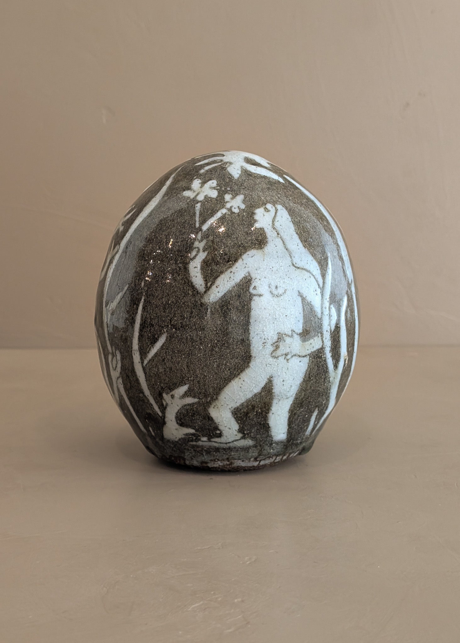 Unique Neutral Nude Woman, Animal and Garden Ovoid-Shaped Studio Pottery Sculpture