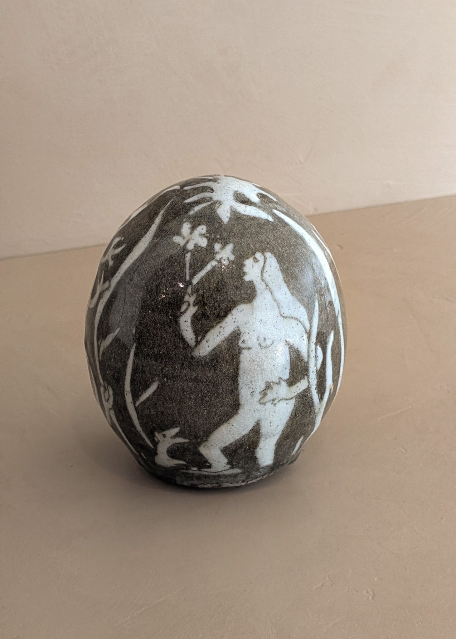 Unique Neutral Nude Woman, Animal and Garden Ovoid-Shaped Studio Pottery Sculpture