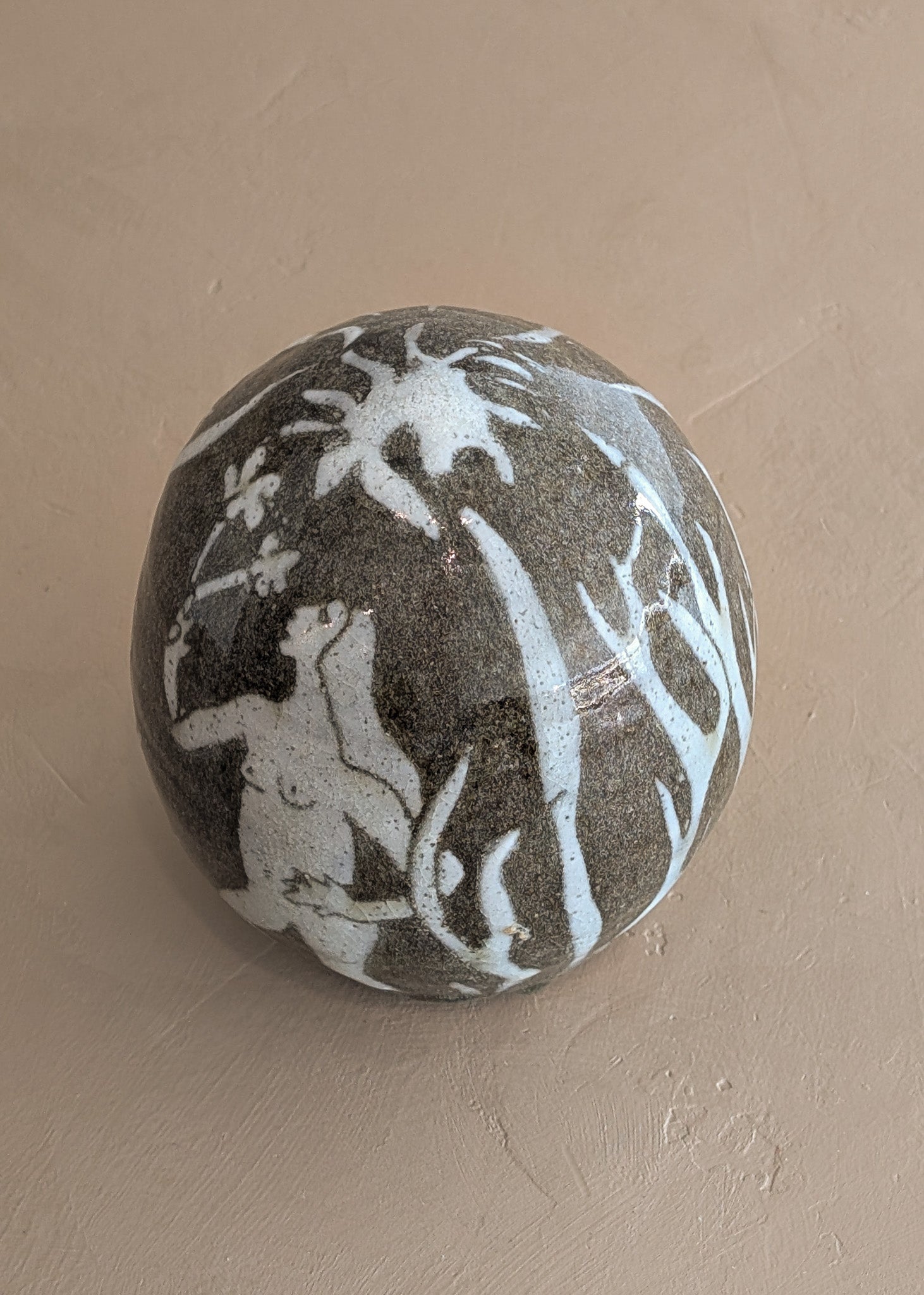 Unique Neutral Nude Woman, Animal and Garden Ovoid-Shaped Studio Pottery Sculpture