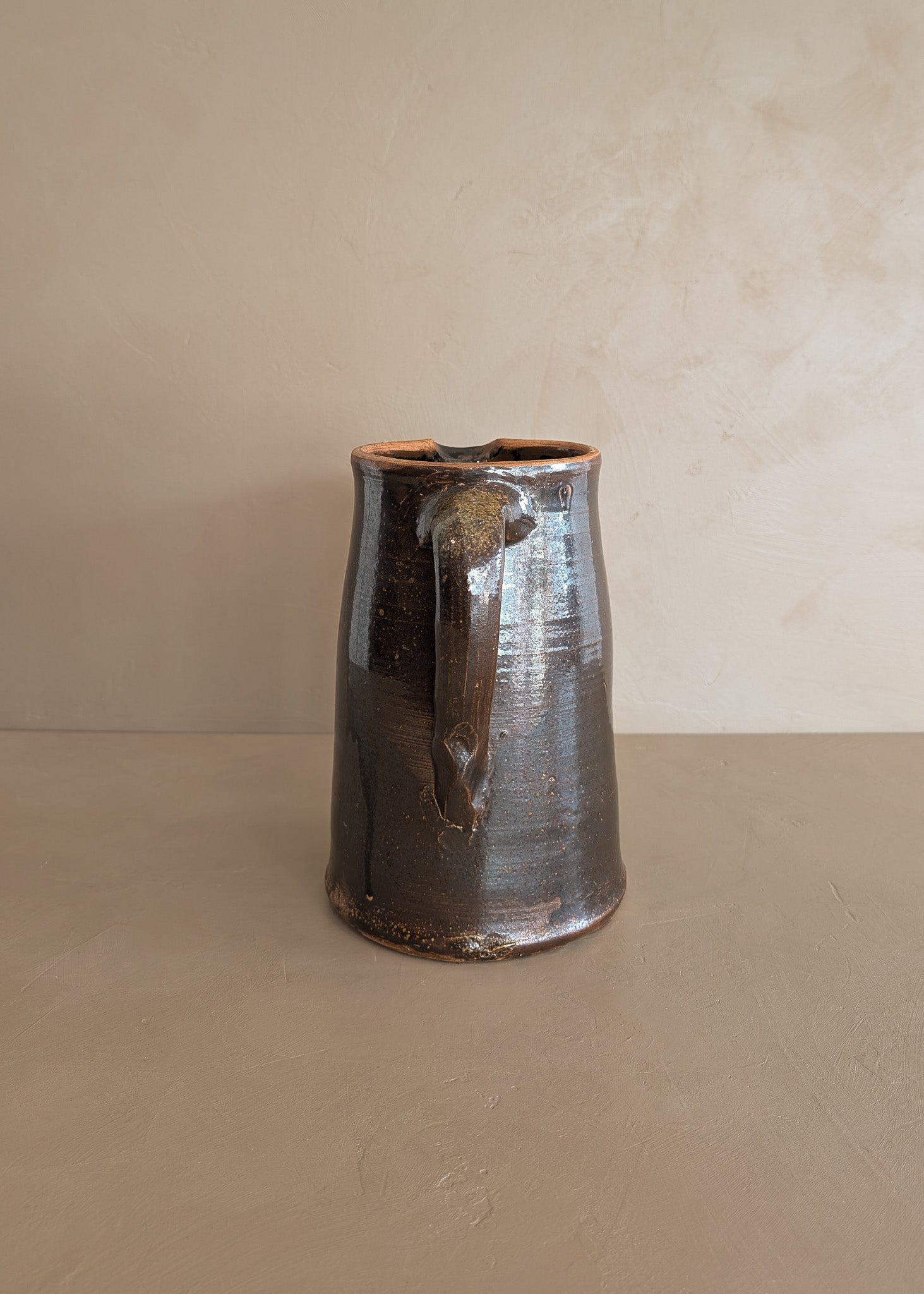 Antique Dark Brown Salt-Glazed Stoneware Pottery Pitcher