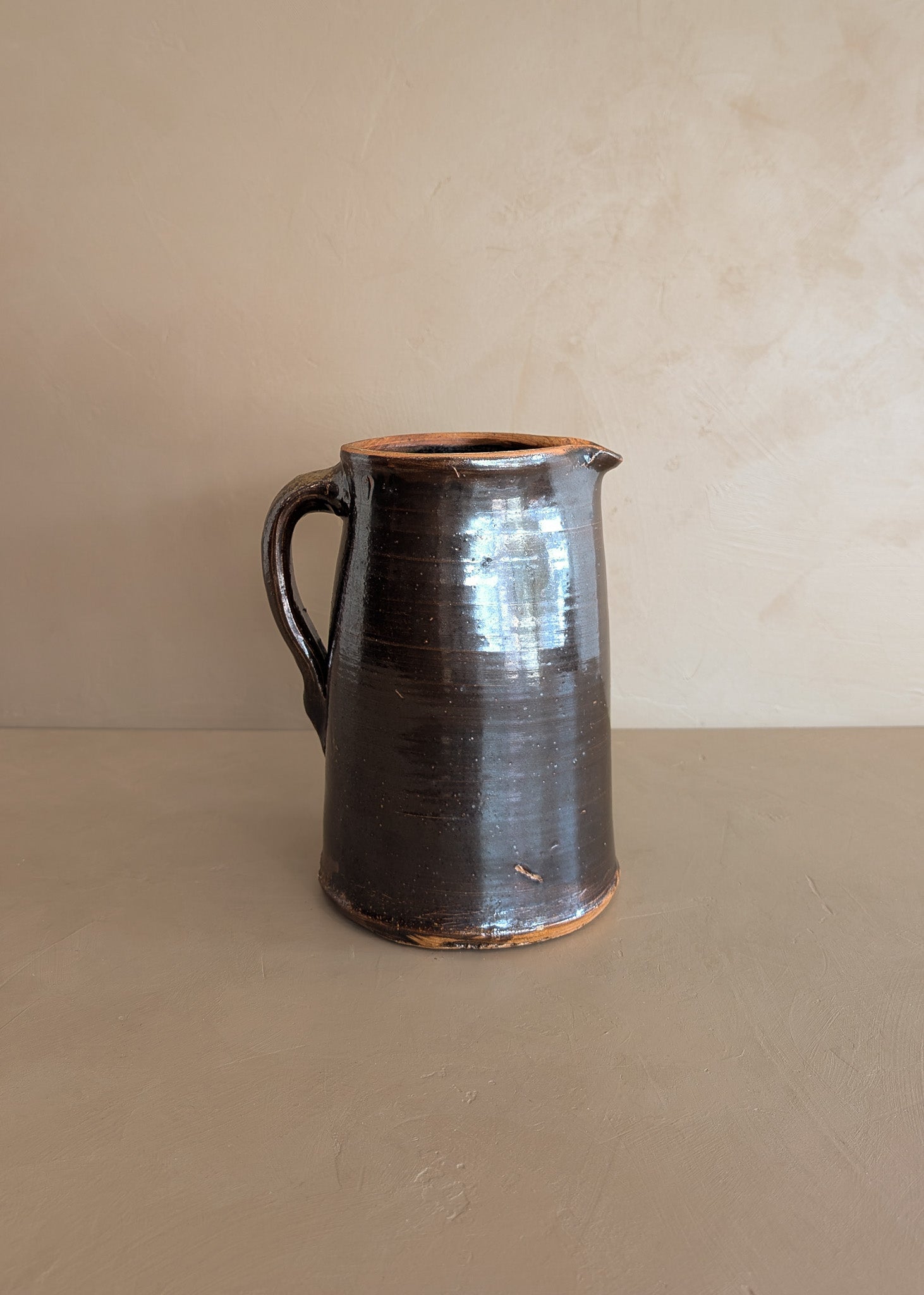 Antique Dark Brown Salt-Glazed Stoneware Pottery Pitcher