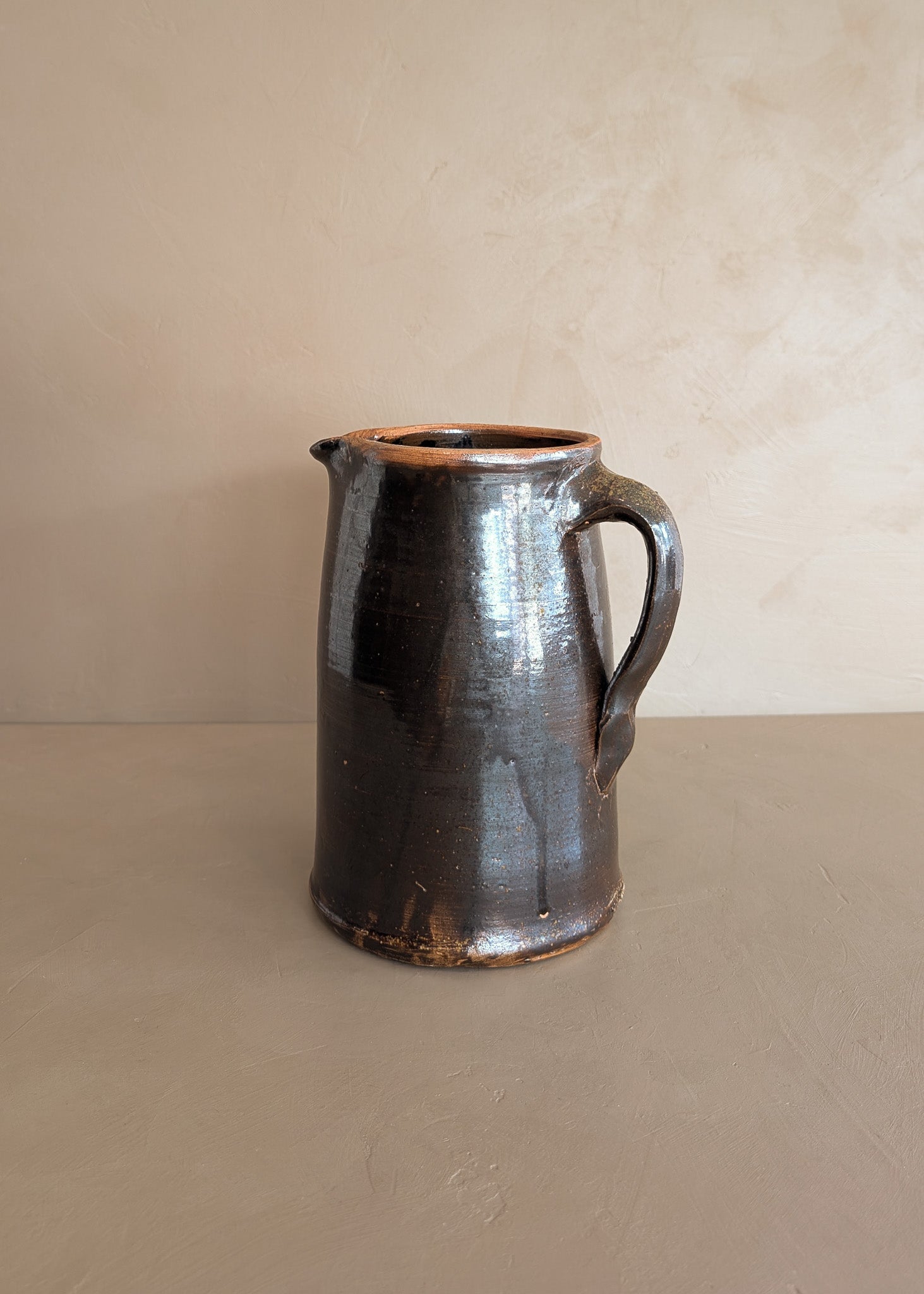 Antique Dark Brown Salt-Glazed Stoneware Pottery Pitcher