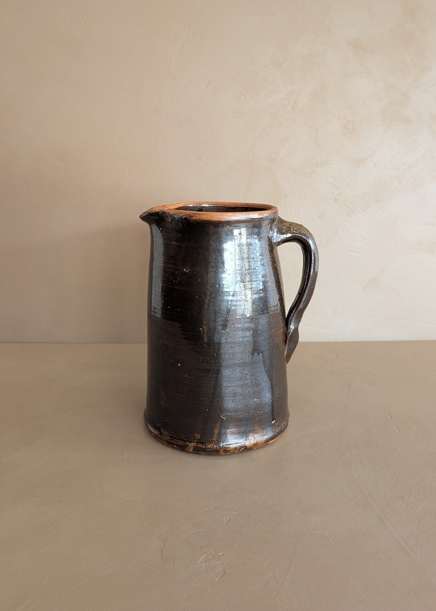 Antique Dark Brown Salt-Glazed Stoneware Pottery Pitcher