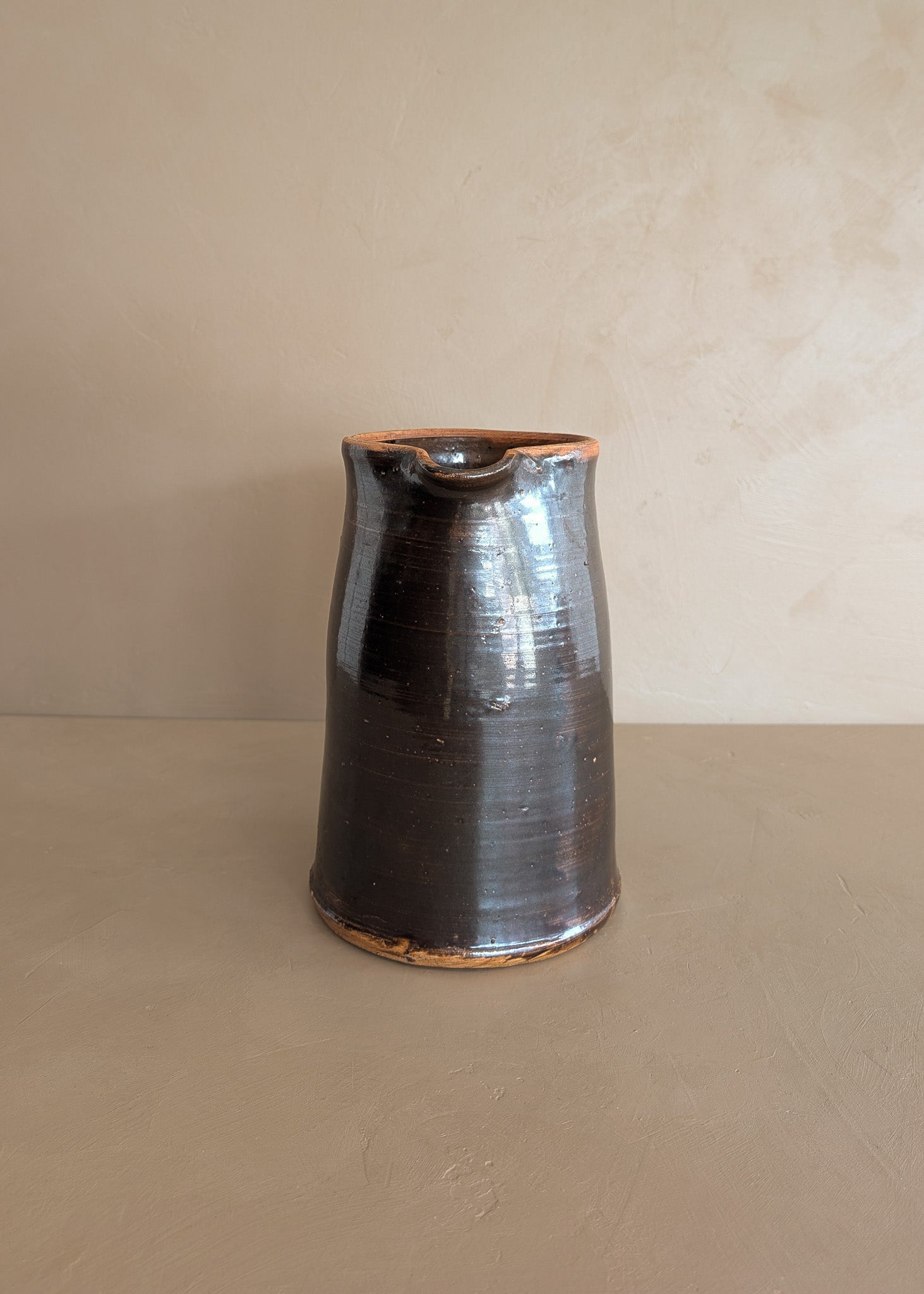 Antique Dark Brown Salt-Glazed Stoneware Pottery Pitcher