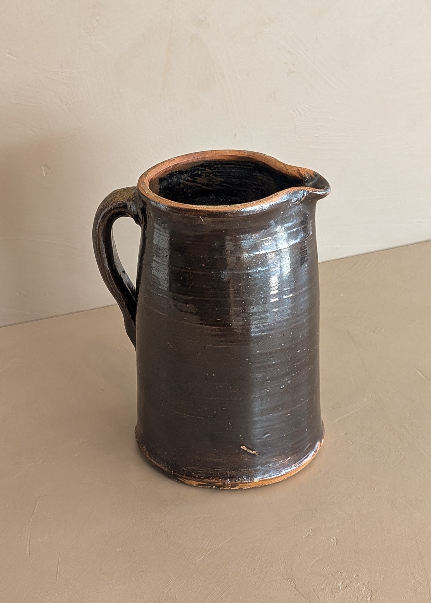 Antique Dark Brown Salt-Glazed Stoneware Pottery Pitcher