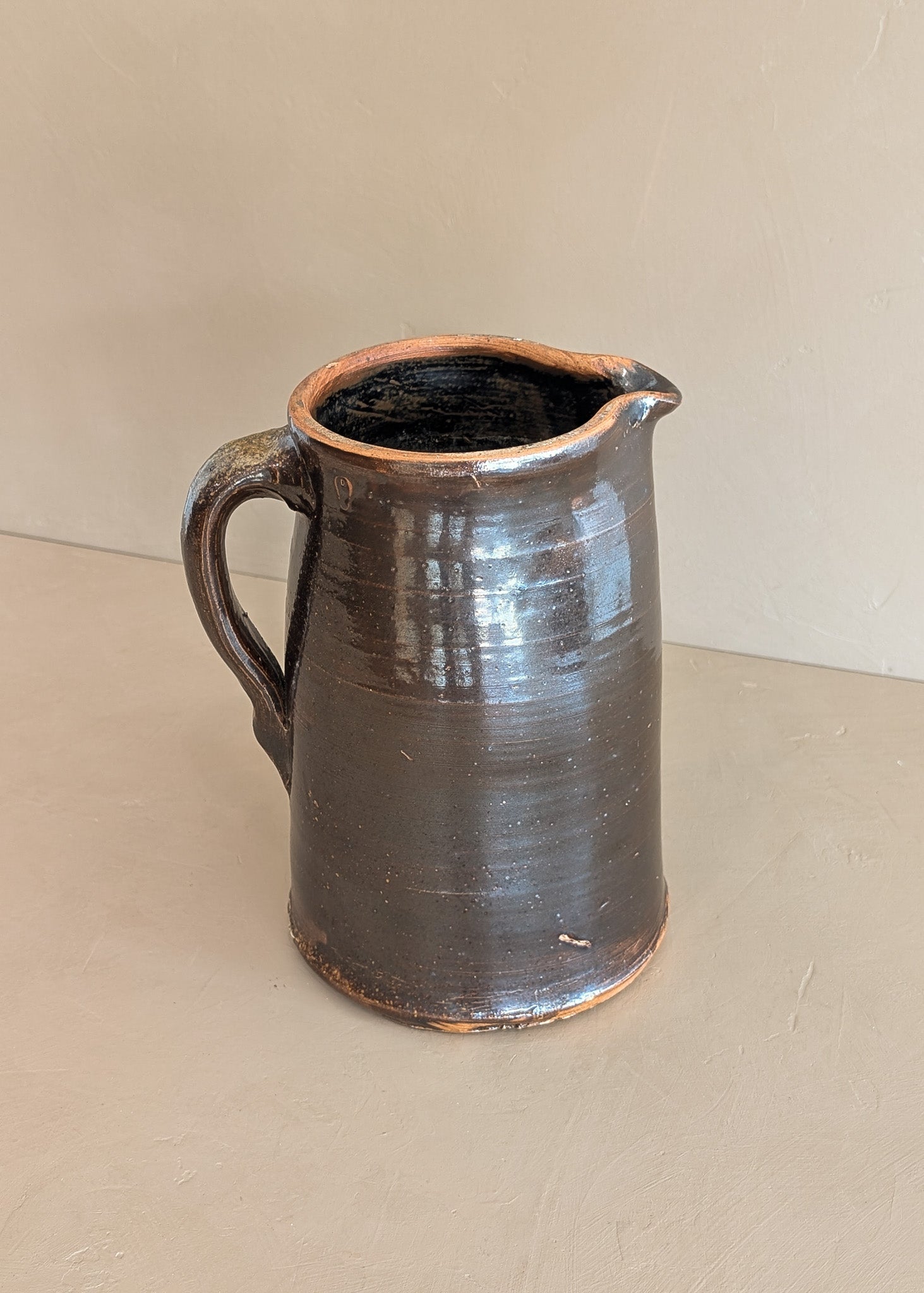 Antique Dark Brown Salt-Glazed Stoneware Pottery Pitcher