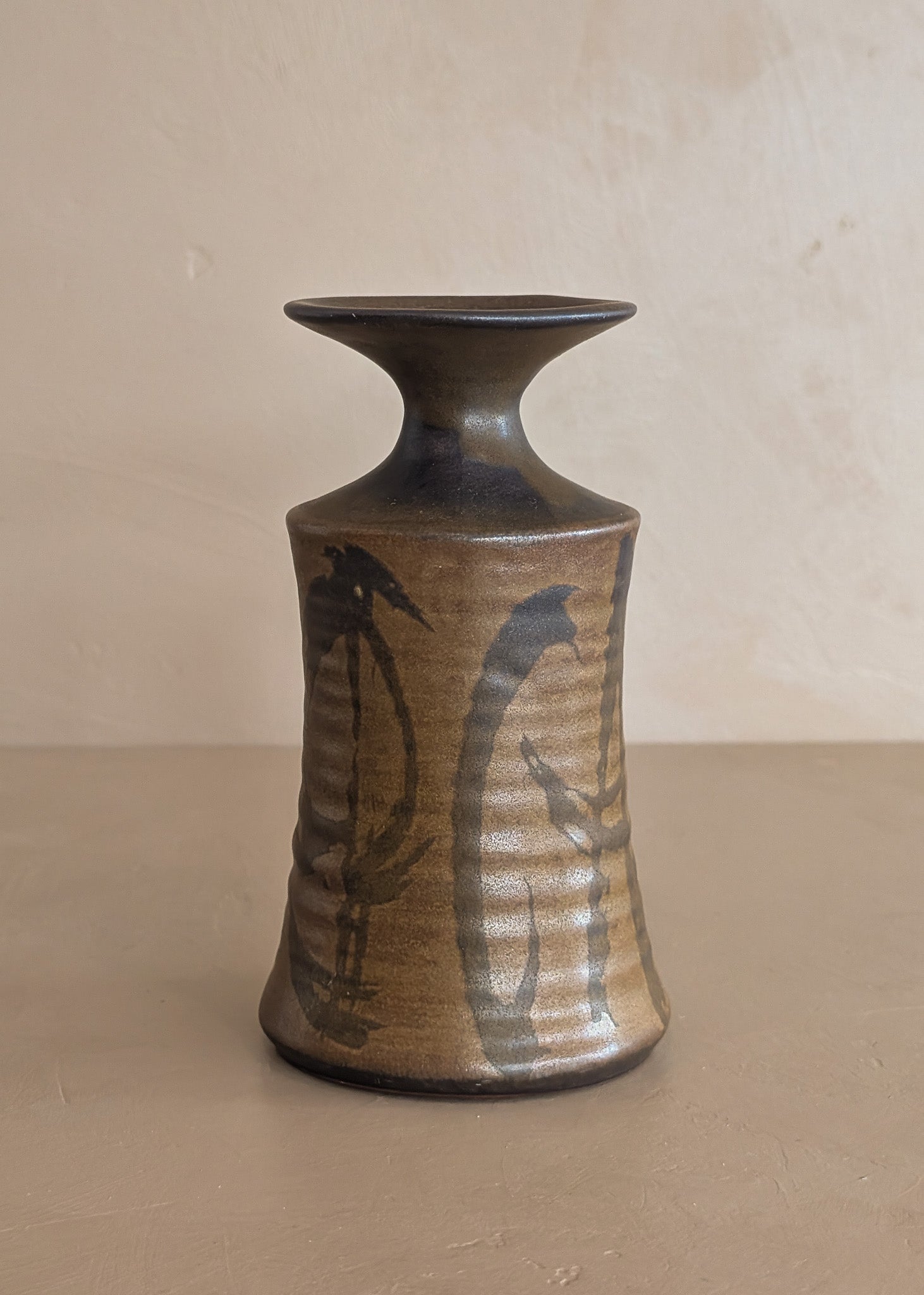Vintage Midcentury Neutral Brown Stoneware Designs West Pottery Vase with Freeform Detailing